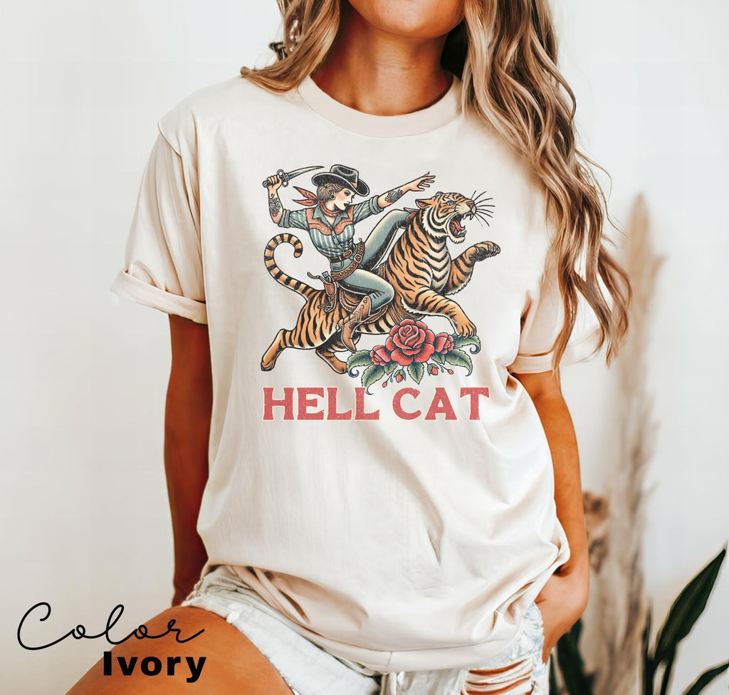 Retro Cowgirl Hell Cat T-Shirt, Retro Cowgirl Western Shirt, Aesthetic Tee, Tiger Shirt, Retro Rodeo Shirt, Country Western, Gift for Her,