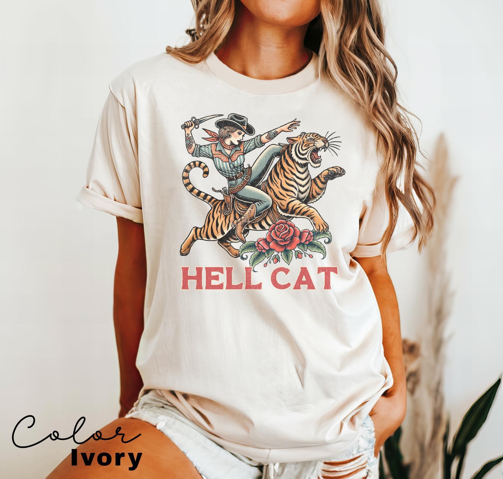 Retro Cowgirl Hell Cat T-Shirt, Retro Cowgirl Western Shirt, Aesthetic Tee, Tiger Shirt, Retro Rodeo Shirt, Country Western, Gift for Her,