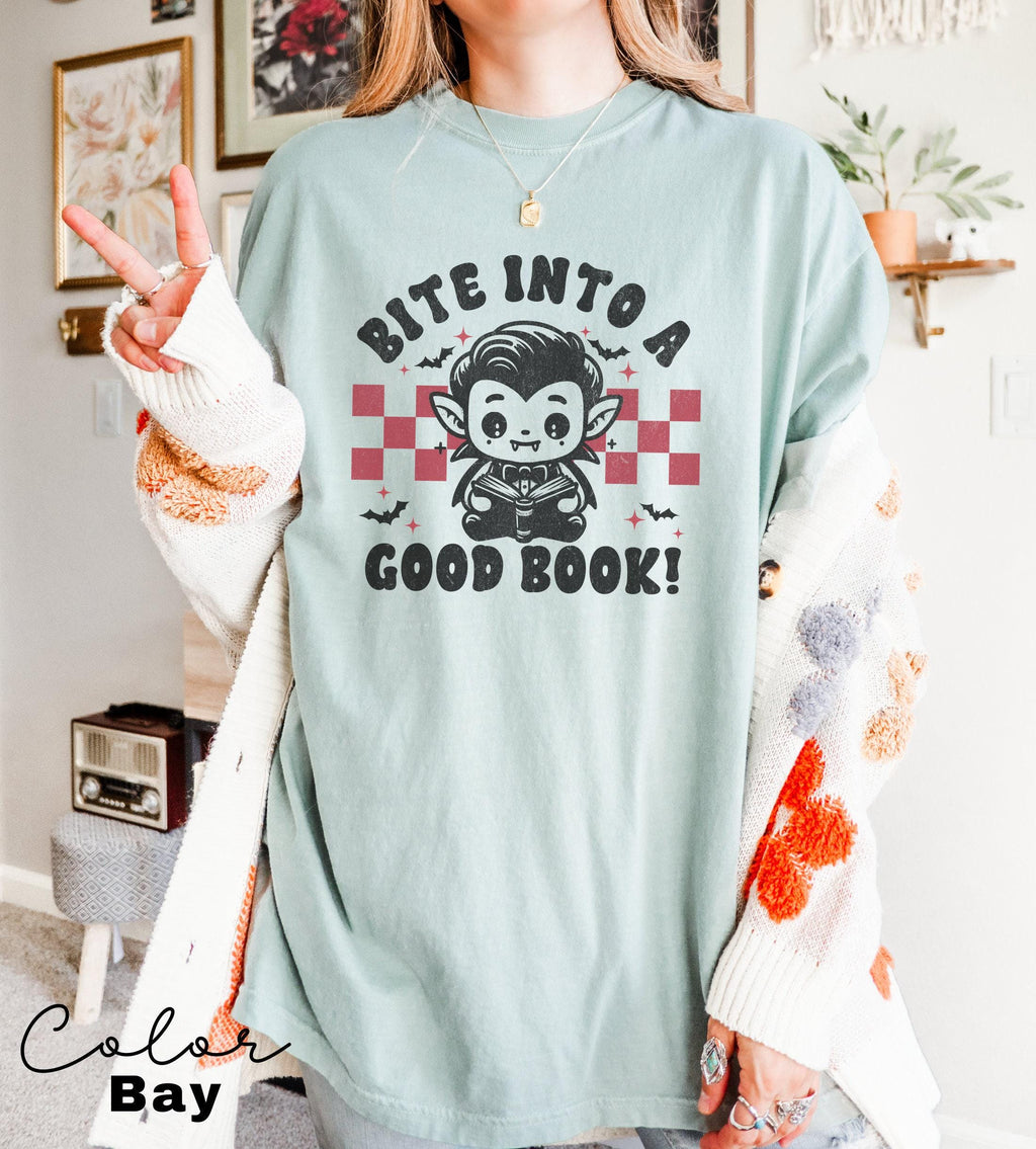 Comfort Colors® Teacher Halloween Shirt, Bite Into a Good Book, Halloween Teacher Shirt, Trick or Teach Shirt, Spooky Teacher T-shirt,