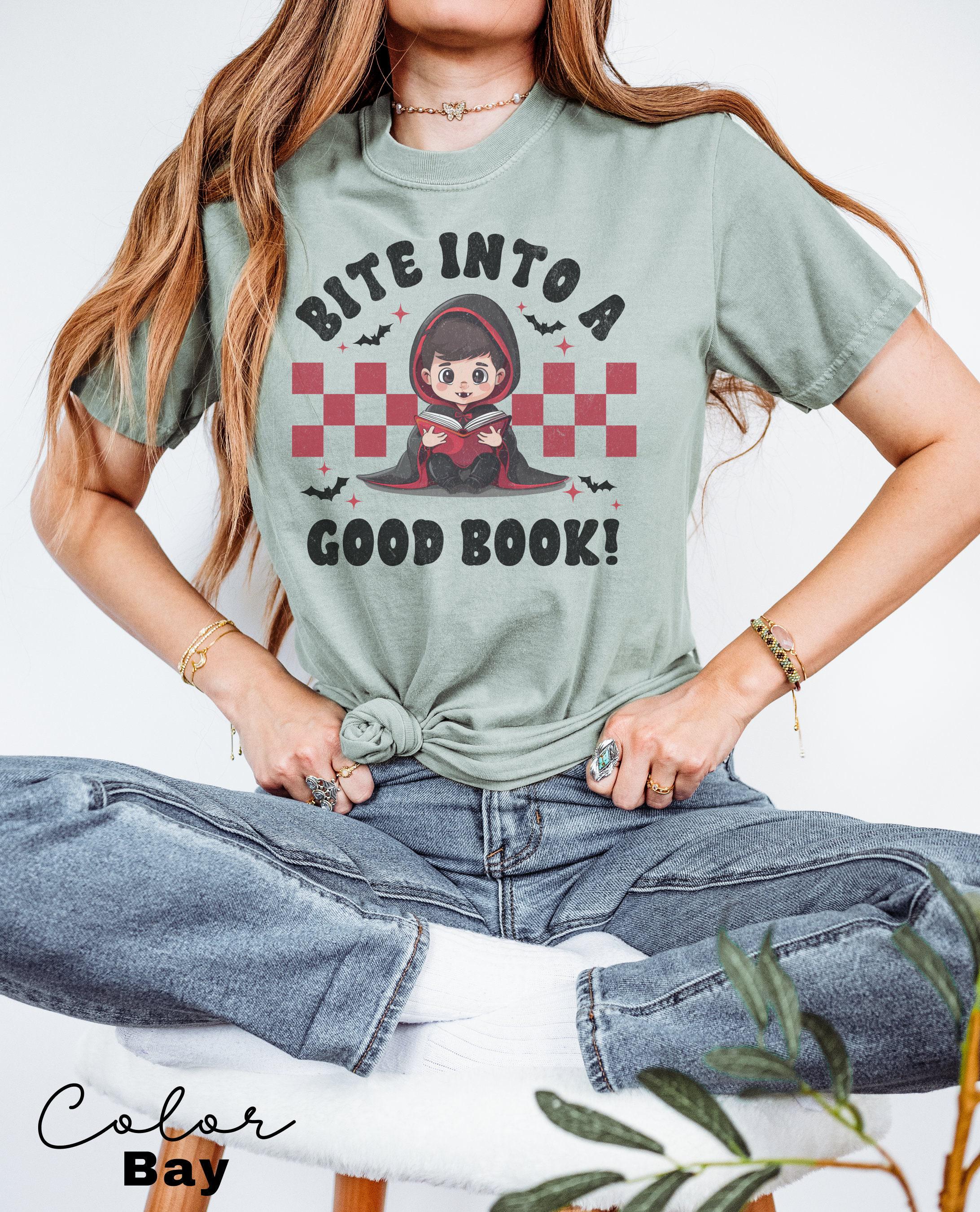 Comfort Colors® Teacher Halloween Shirt, Bite Into a Good Book, Halloween Teacher Shirt, Trick or Teach Shirt, Spooky Teacher T-shirt,