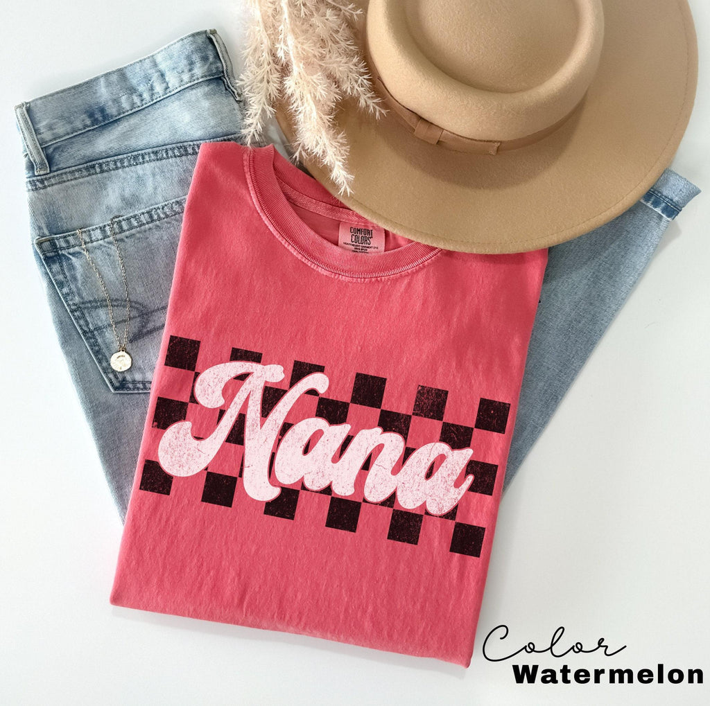 Comfort Colors® NANA Shirt, Birthday Gift for Nana, Checkerboard Shirt, Pregnancy Announcement shirt, Baby Reveal Nana, Vintage Retro Nana