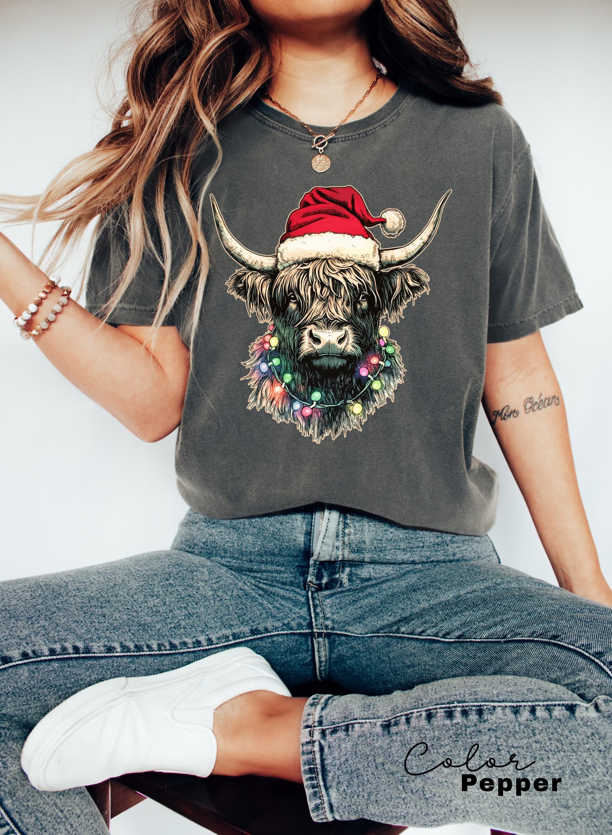 Comfort Colors® Christmas Highland Cow Shirt, Cute Cow Christmas Shirt, Farmer Christmas Shirt, Gift For Christmas, Festive Holiday Shirt