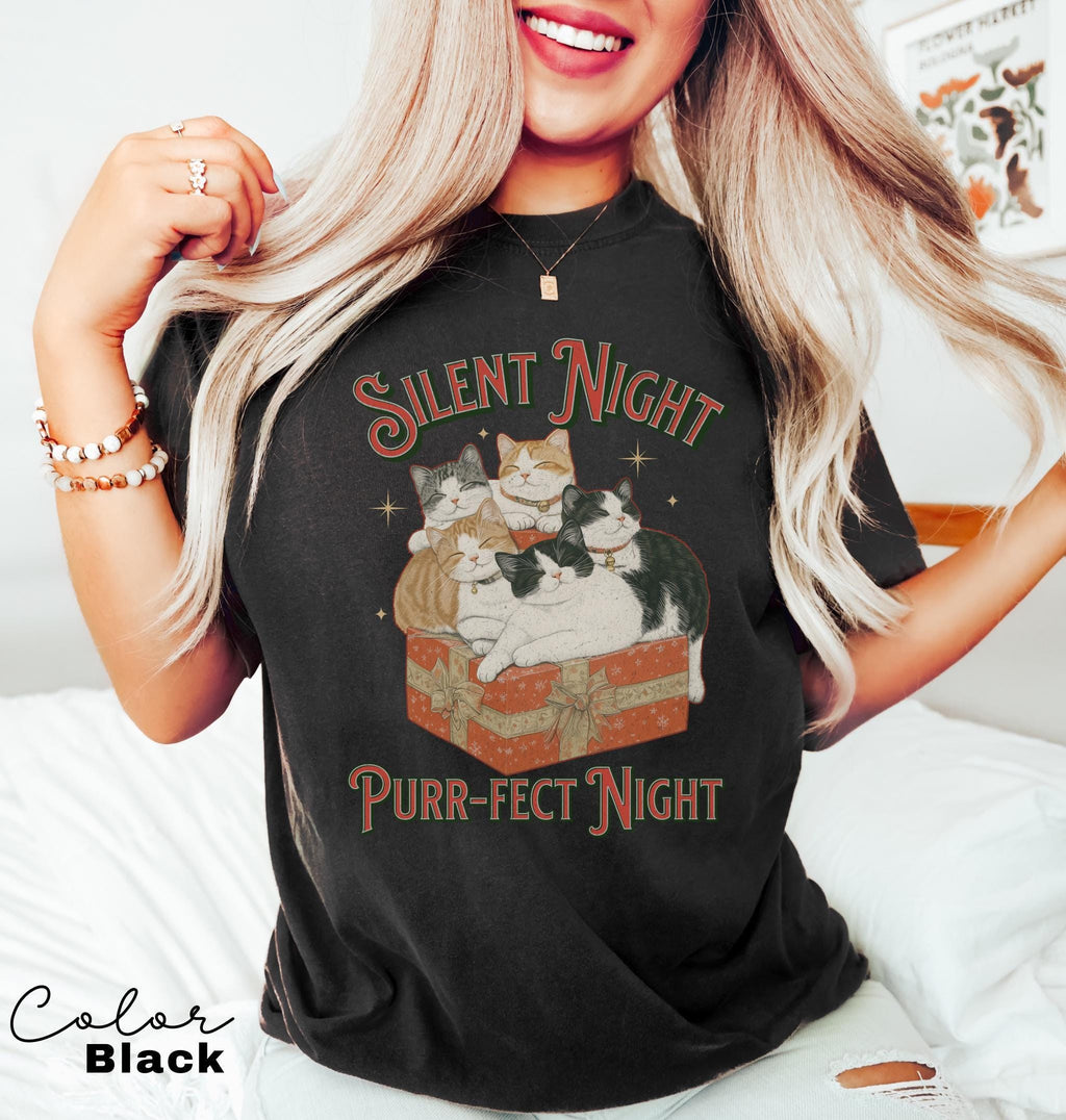 Meowy Christmas Cat Shirt, Silent Night Purrfect Night, Happy Cat Year Shirt,Funny Christmas Cat Shirt, Cat Lover Gift, Cat Xmas