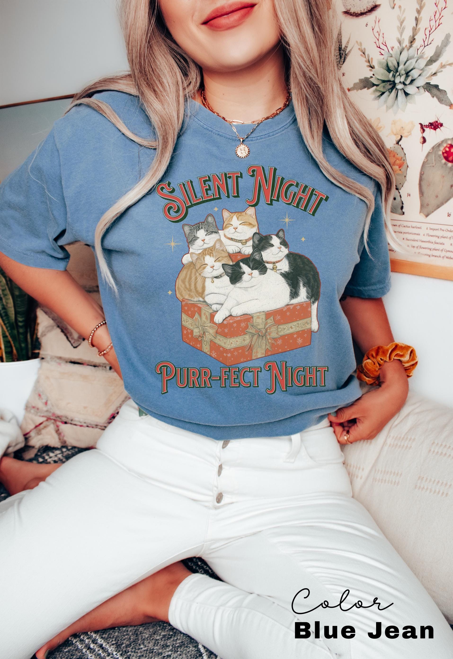 Meowy Christmas Cat Shirt, Silent Night Purrfect Night, Happy Cat Year Shirt,Funny Christmas Cat Shirt, Cat Lover Gift, Cat Xmas