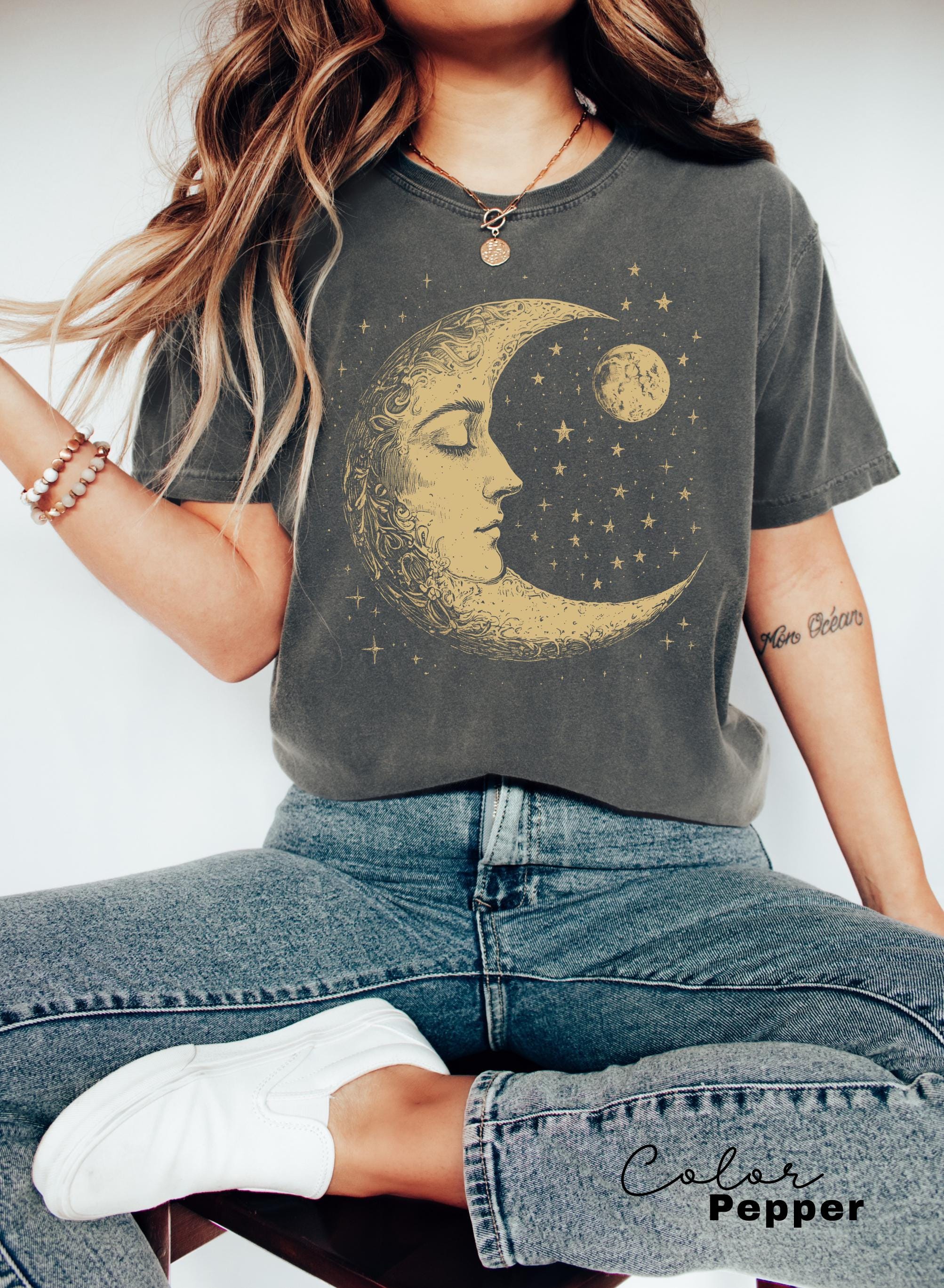 Celestial Comfort Colors® Shirt, Moon T-shirt, Boho Mystical Moon and Stars, Spiritual Moon Women Clothing Gifts, Astrology Gift, Astronomer
