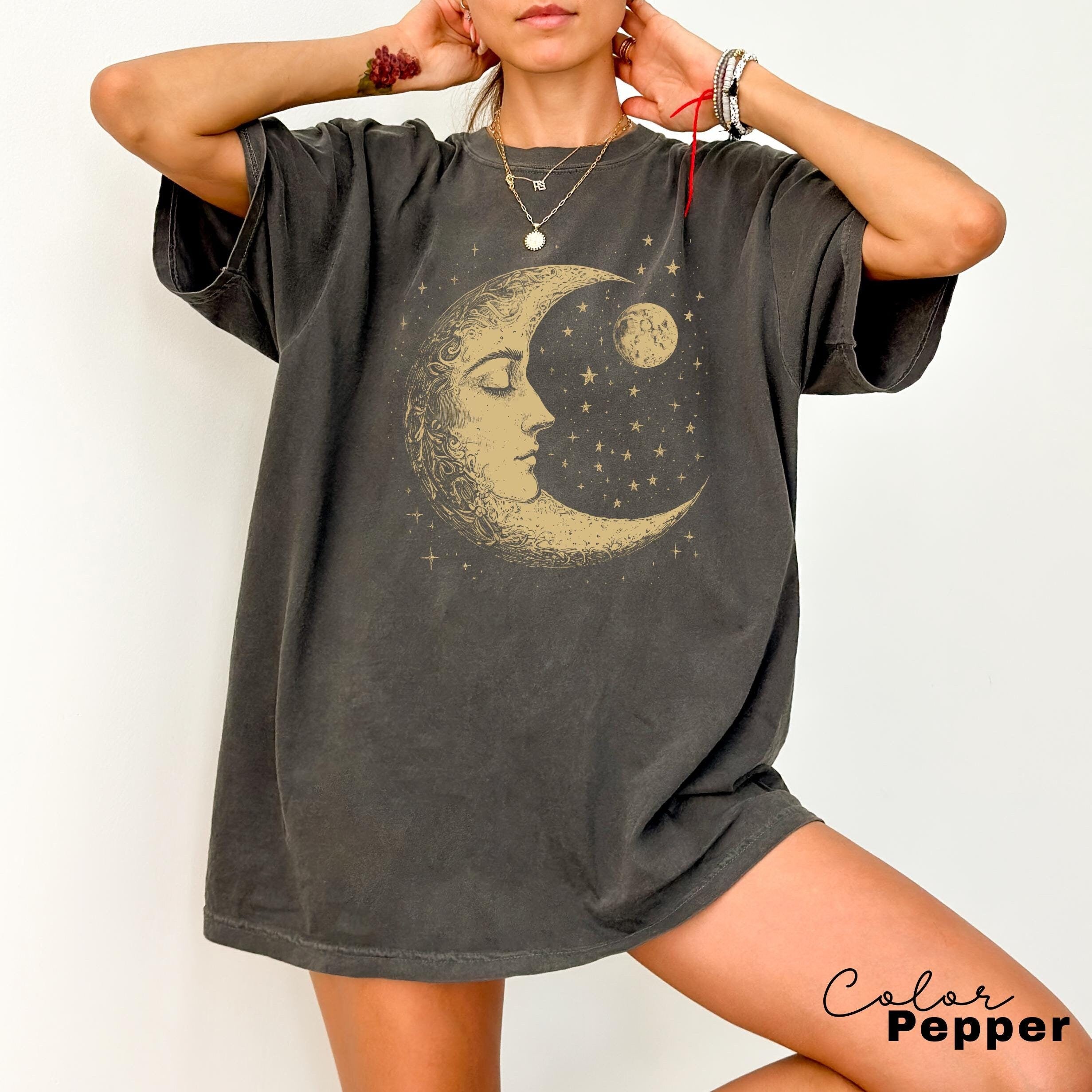 Celestial Comfort Colors® Shirt, Moon T-shirt, Boho Mystical Moon and Stars, Spiritual Moon Women Clothing Gifts, Astrology Gift, Astronomer