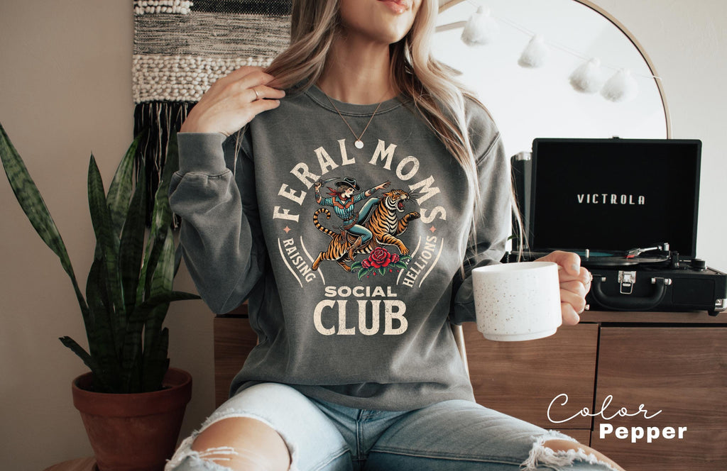 Feral Moms Social Club Sweatshirt, Comfort Colors Vintage Graphic, Feral Mom Gift, Somebody's Feral Wife, Mom Life, Trendy Mom Apparel