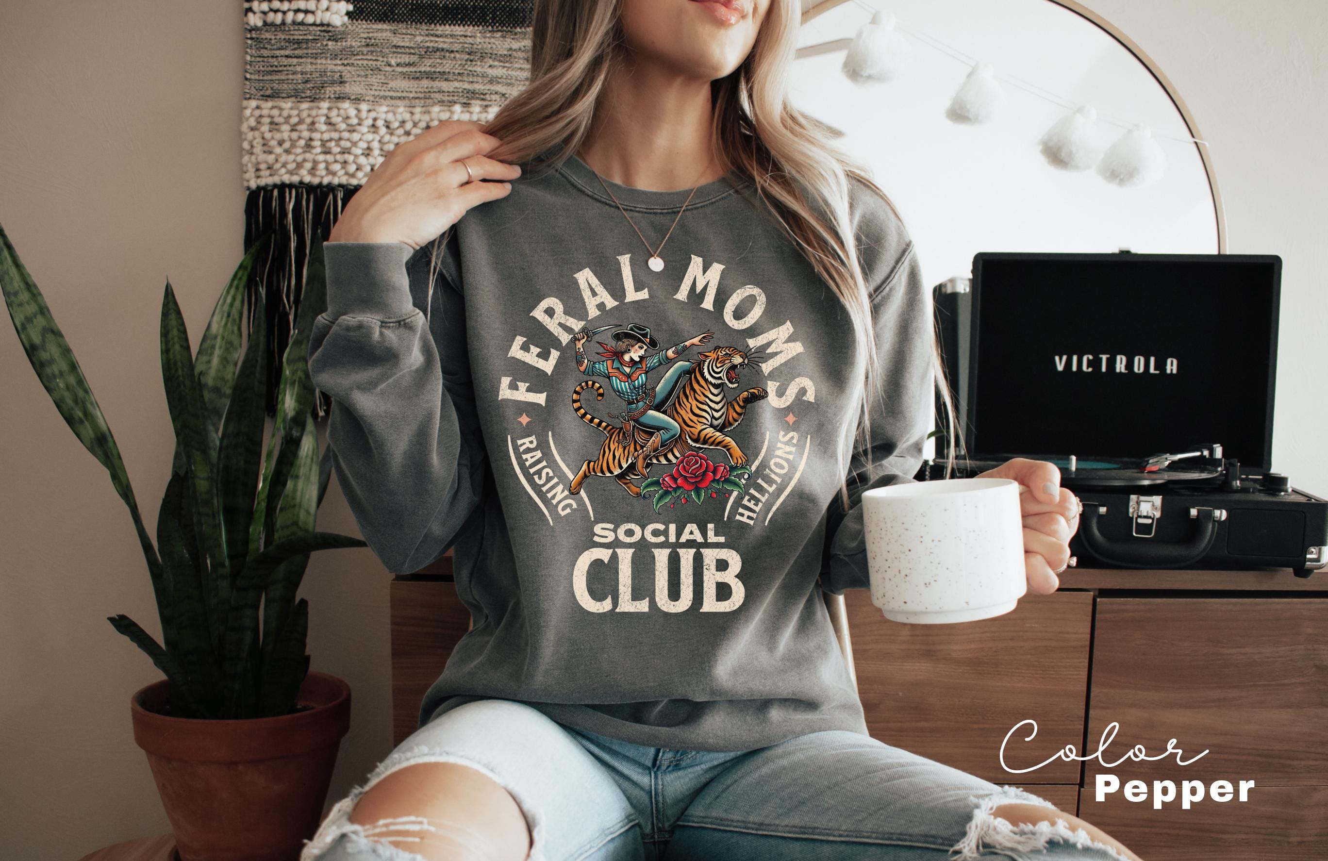 Feral Moms Social Club Sweatshirt, Comfort Colors Vintage Graphic, Feral Mom Gift, Somebody's Feral Wife, Mom Life, Trendy Mom Apparel