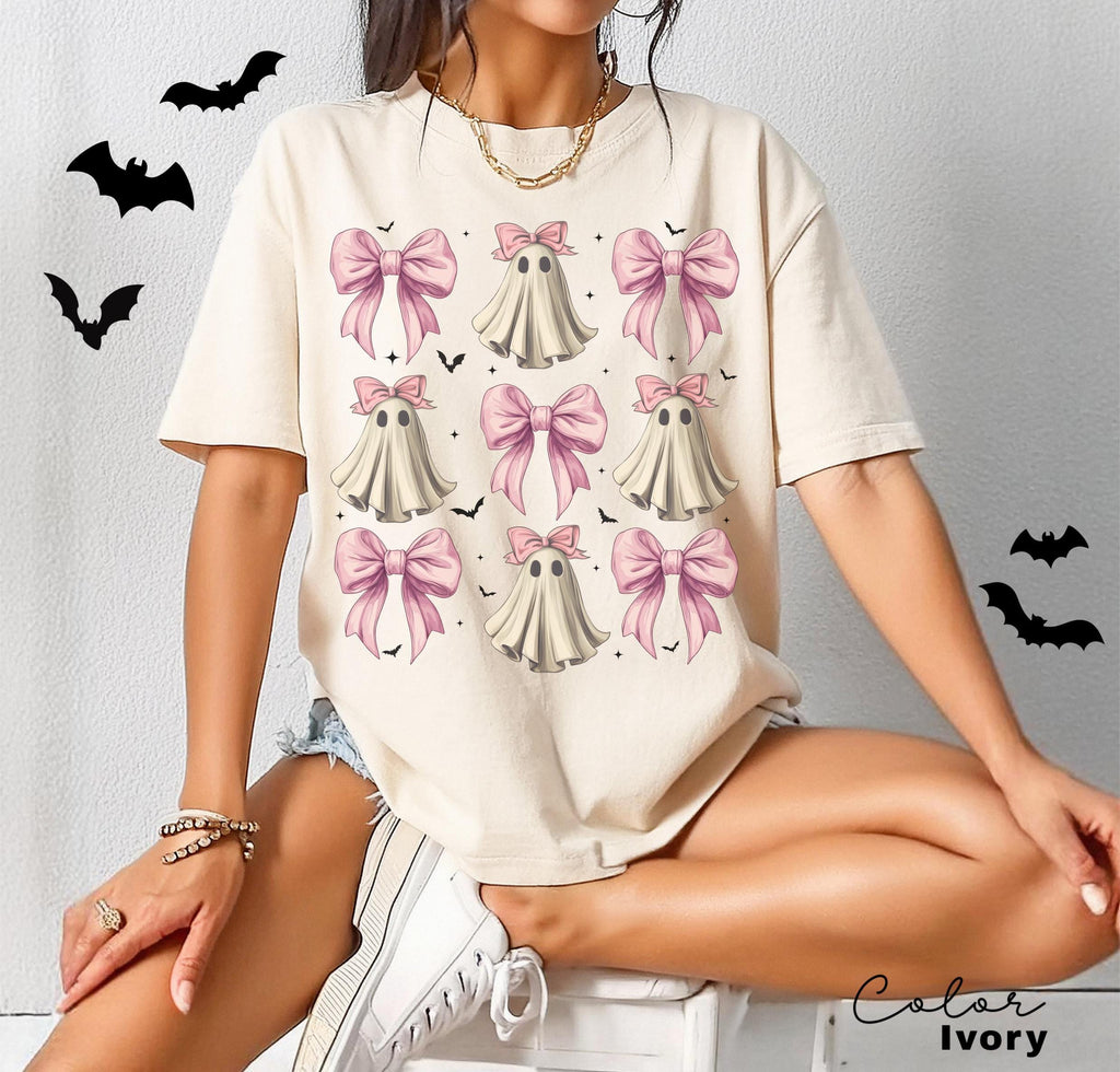 Coquette Halloween Shirt, Coquette Pink Bow Ghost Shirts, Cute Ghost Graphic Tee, Pink Coquette Halloween T-Shirt, Pink Spooky Vibes Shirts
