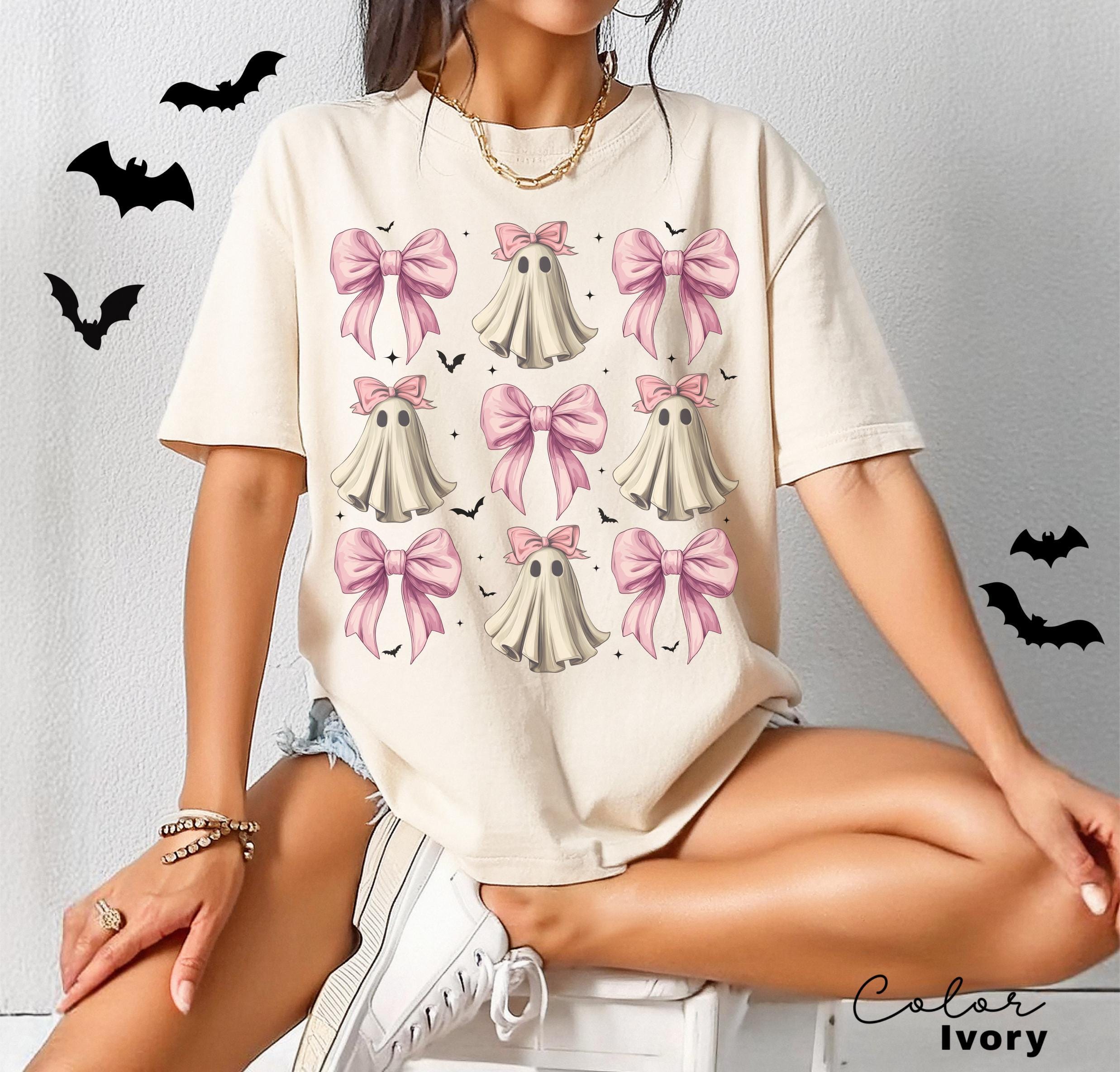 Coquette Halloween Shirt, Coquette Pink Bow Ghost Shirts, Cute Ghost Graphic Tee, Pink Coquette Halloween T-Shirt, Pink Spooky Vibes Shirts