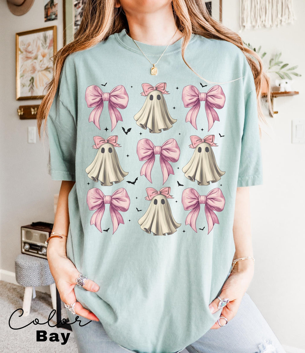 Coquette Halloween Shirt, Coquette Pink Bow Ghost Shirts, Cute Ghost Graphic Tee, Pink Coquette Halloween T-Shirt, Pink Spooky Vibes Shirts