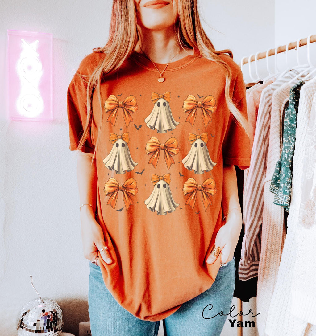 Coquette Halloween Shirt, Coquette Orange Bow Ghost Shirts, Cute Ghost Graphic Tee, Orange Coquette Halloween T-Shirt, Spooky Vibes Shirt