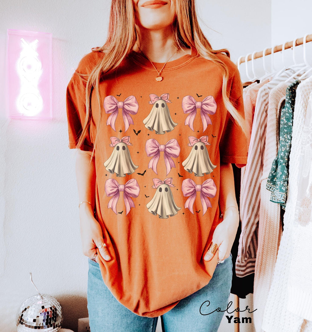 Coquette Halloween Shirt, Coquette Pink Bow Ghost Shirts, Cute Ghost Graphic Tee, Pink Coquette Halloween T-Shirt, Pink Spooky Vibes Shirts
