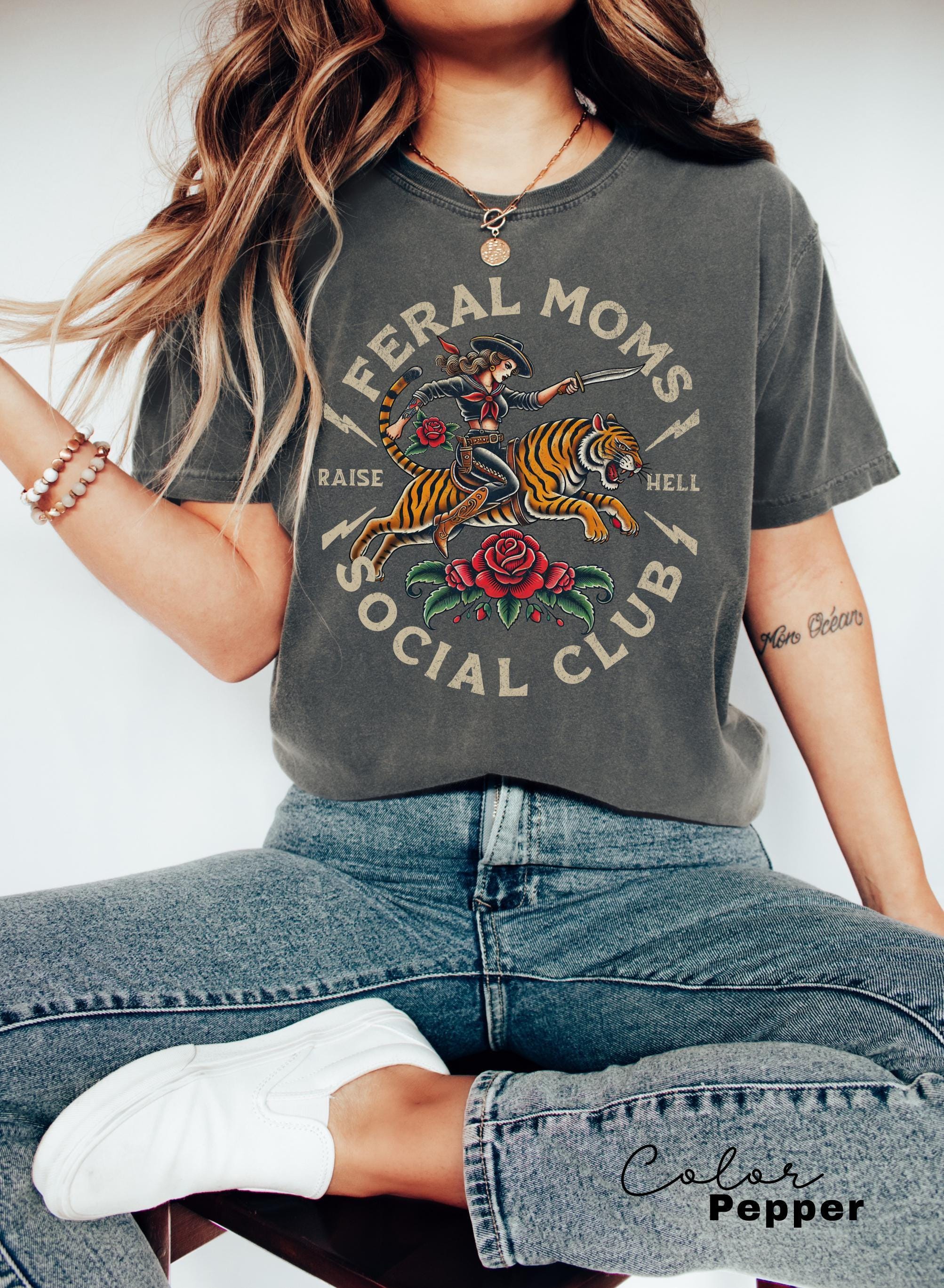 Feral Moms Social Club Shirt, Comfort Colors Vintage Graphic Tee, Feral Mom Gift, Somebody's Feral Wife, Mom Life Tshirt, Trendy Mom Apparel