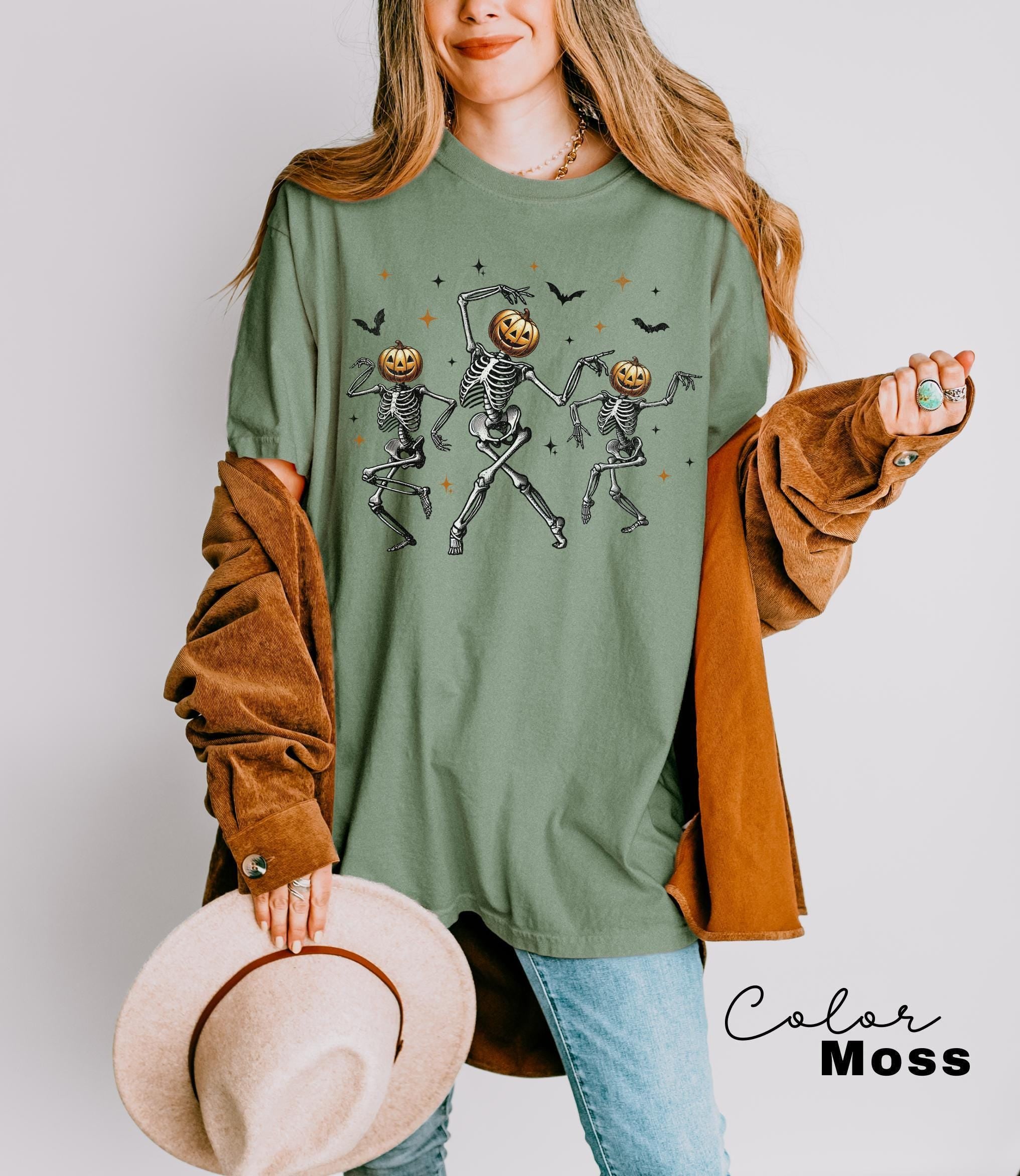 Dancing Skeleton Pumpkin Shirt, Retro Halloween Women's Shirt, Fall Halloween Party TShirt, Spooky Season Skeleton Tee, Dancing Halloween