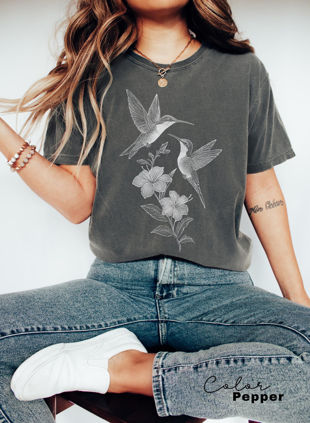 Comfort Colors® Cute Flower Hummingbird Shirt, Nature Lovers Tee, Trendy Women Gift, Cottagecore Birds and Flowers Shirt, Bird Watcher Gift