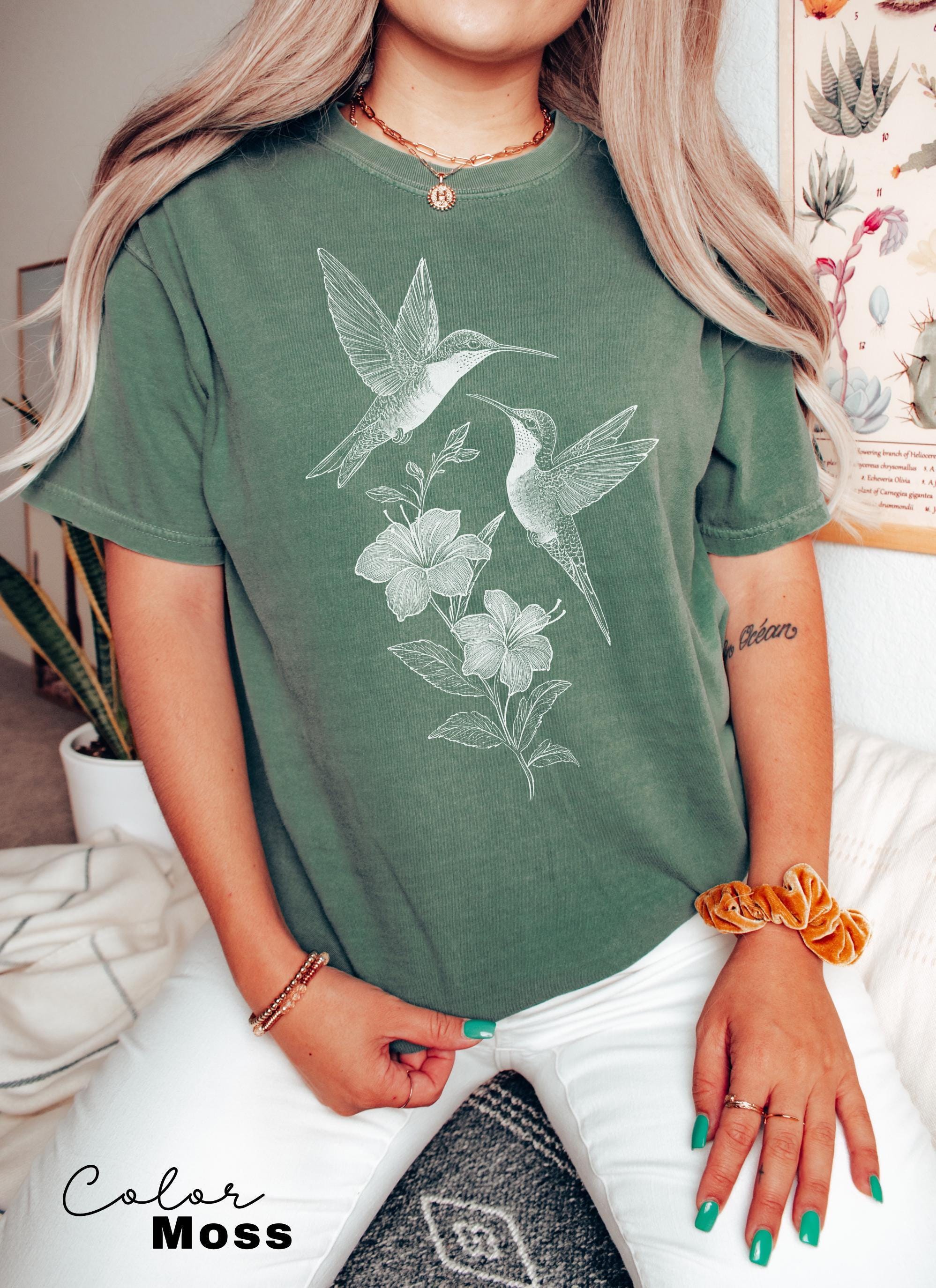 Comfort Colors® Cute Flower Hummingbird Shirt, Nature Lovers Tee, Trendy Women Gift, Cottagecore Birds and Flowers Shirt, Bird Watcher Gift