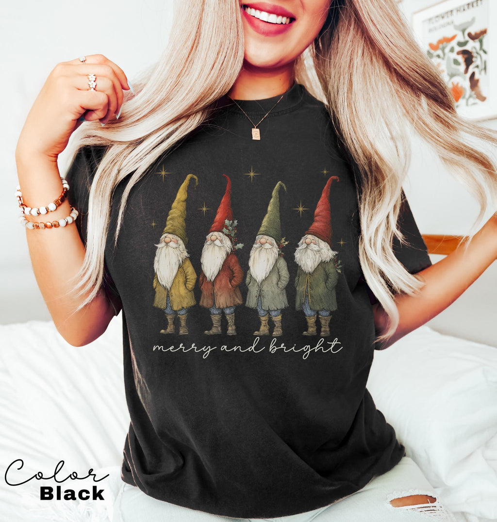 Gnome Christmas Shirt, Merry and Bright Christmas Shirt, Womans Holiday Shirt, Christmas Gift, Chic Winter Shirt, Gnome Retro Christmas