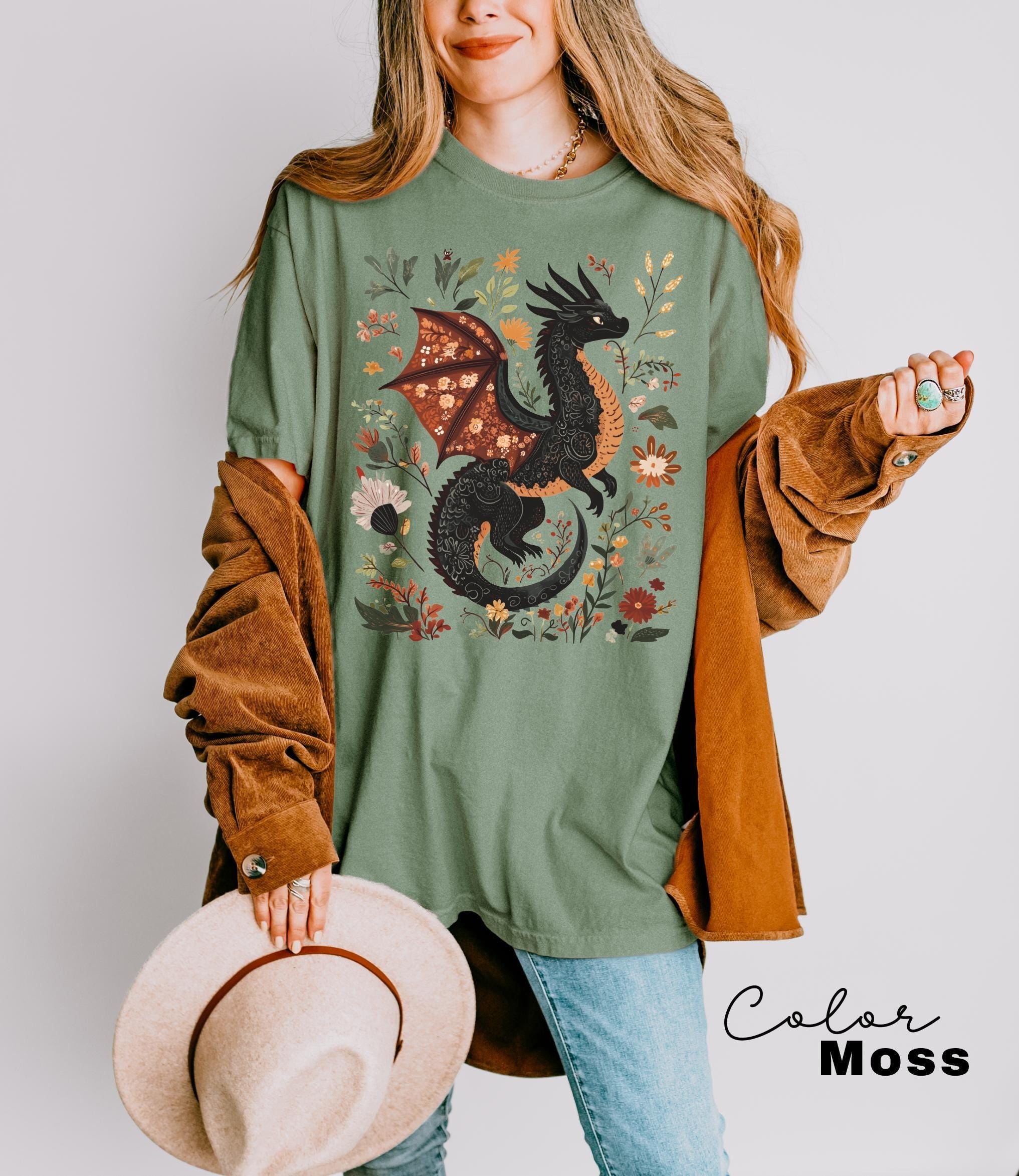Dragon Shirt, Book Lover, Fantasy Reader, Bookworm Shirt,Bookish Shirt, Bookworm Shirt, Book Club Gift, Boho Wildflower Cottagecore T-Shirt