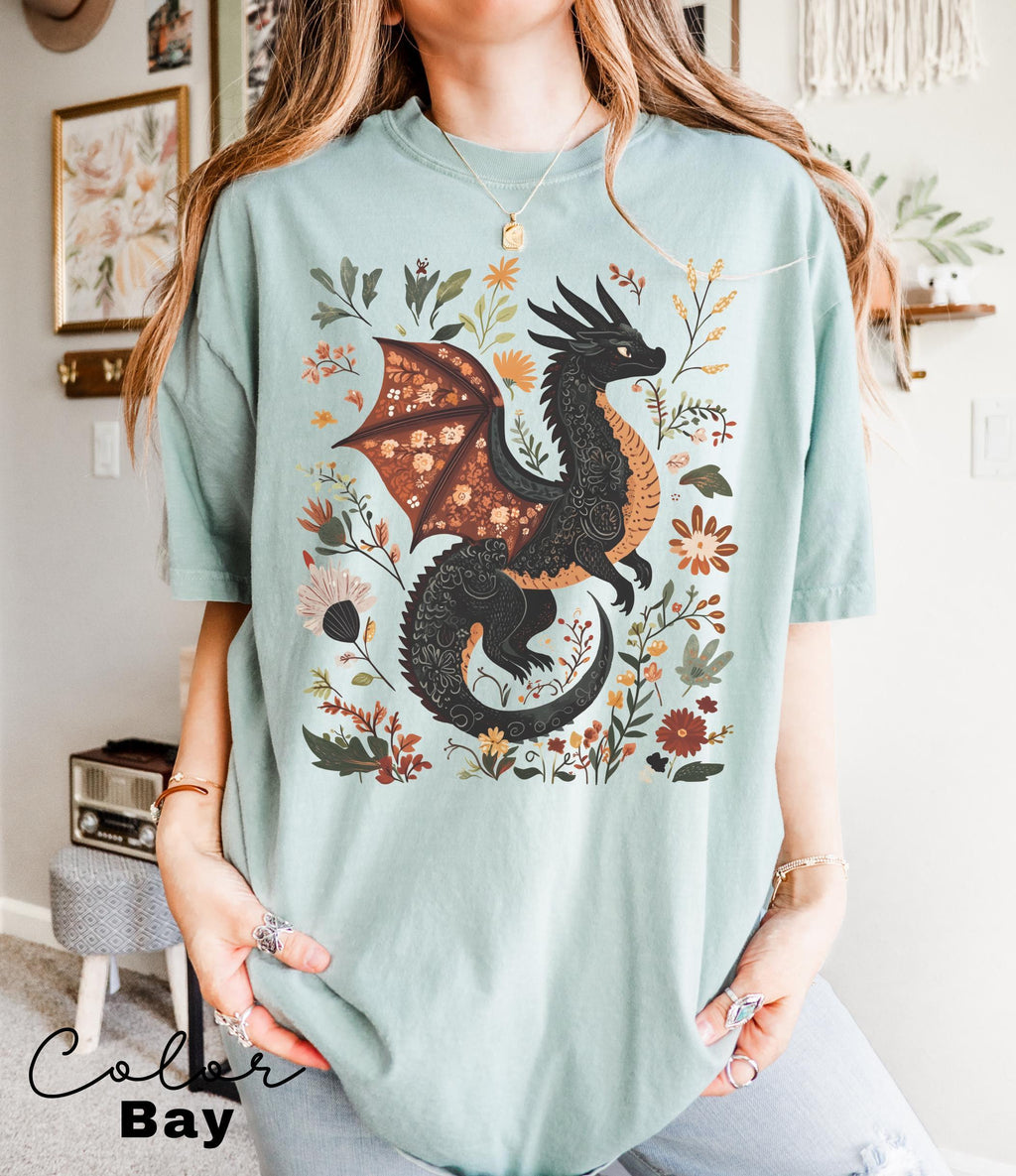 Dragon Shirt, Book Lover, Fantasy Reader, Bookworm Shirt,Bookish Shirt, Bookworm Shirt, Book Club Gift, Boho Wildflower Cottagecore T-Shirt