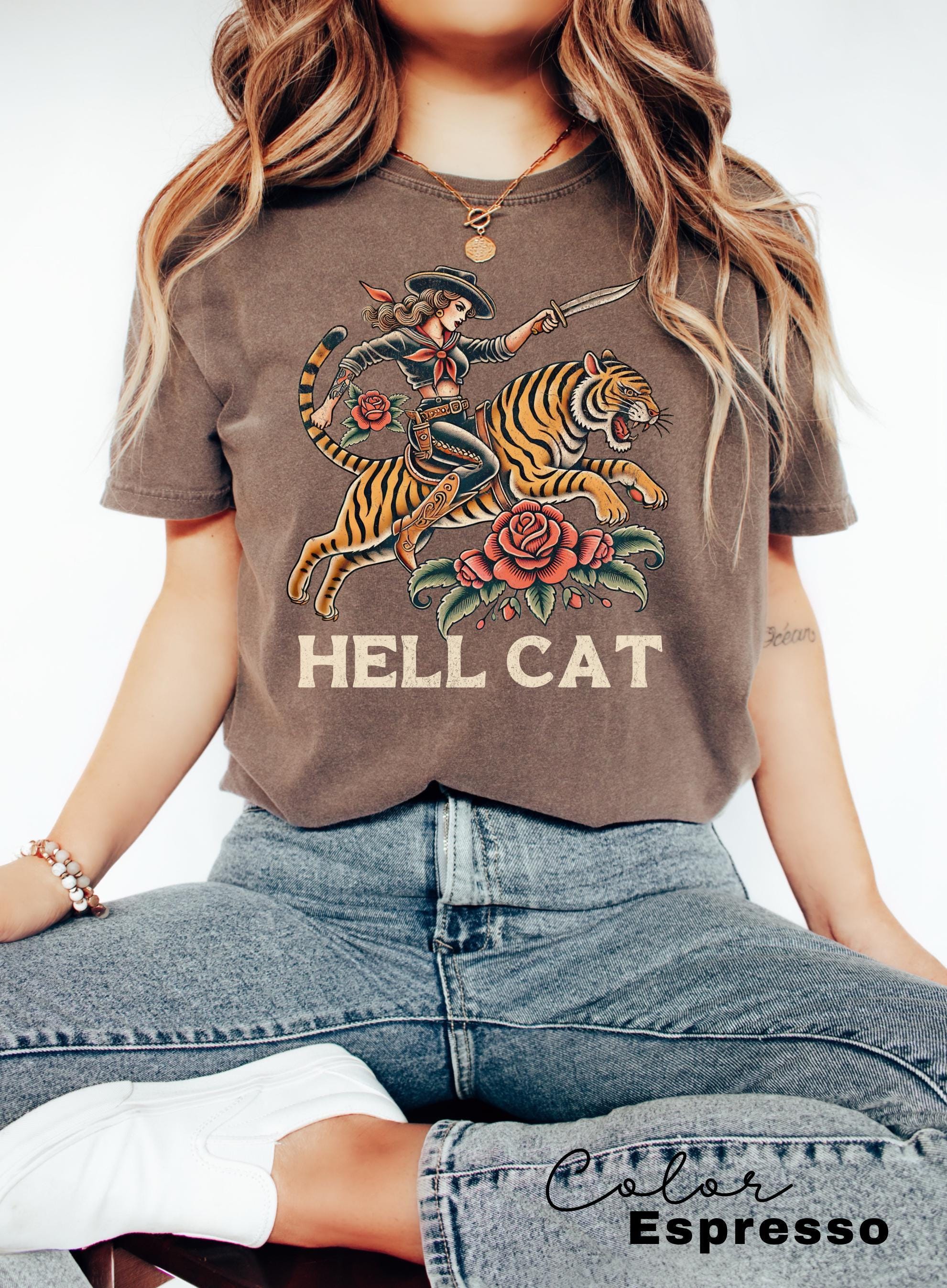 Retro Cowgirl Hell Cat T-Shirt, Retro Cowgirl Western Shirt, Aesthetic Tee, Tiger Shirt, Retro Rodeo Shirt, Country Western, Gift for Her,