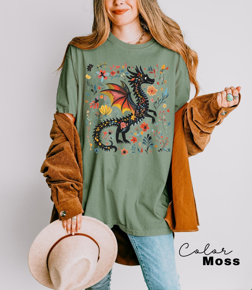 Dragon Shirt, Book Lover, Fantasy Reader, Bookworm Shirt,Bookish Shirt, Bookworm Shirt, Book Club Gift, Boho Wildflower Cottagecore T-Shirt
