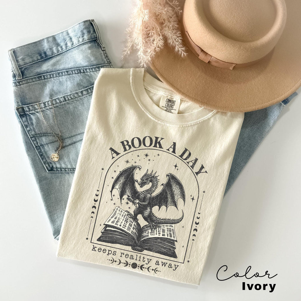 A Book a Day Dragon Sweater, Comfort Colors® Bookish T-Shirt, Book Club Shirt, Fantasy Book Merch T-Shirt, Gift for Reader, Dragon Lover
