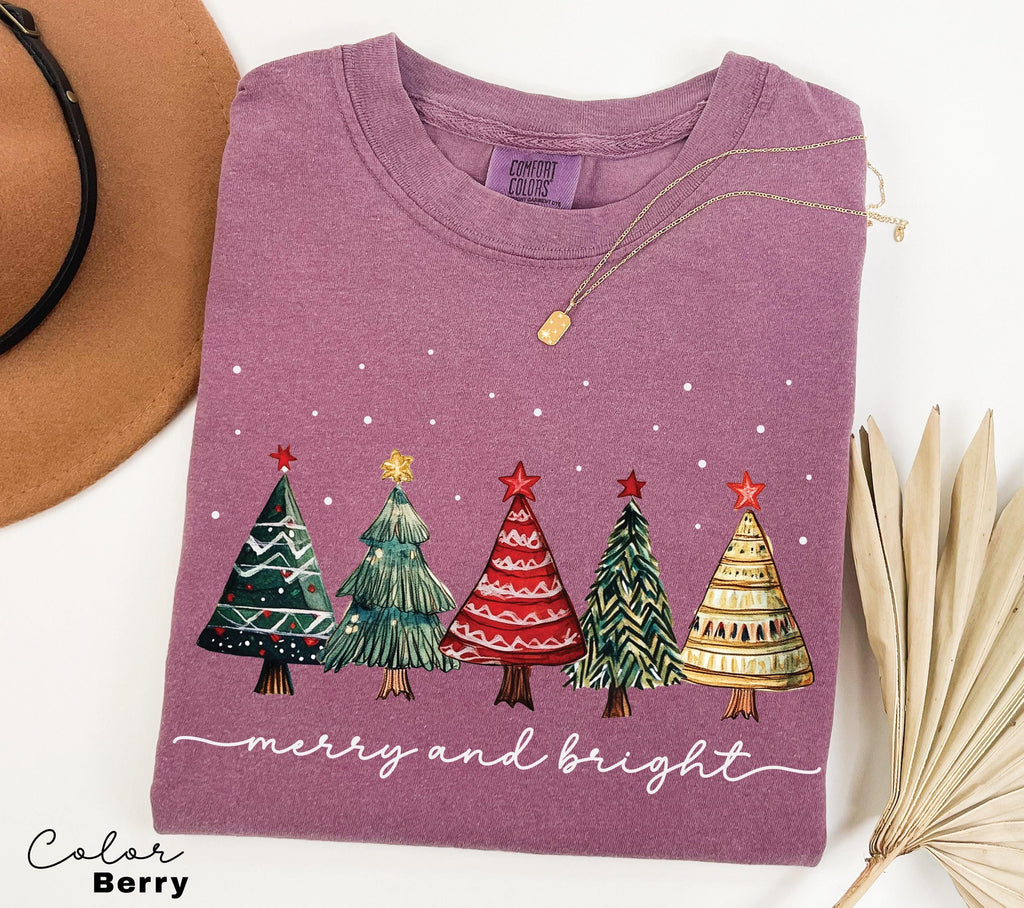 Merry and Bright Trees, Women's Christmas Shirt, Womans Holiday Shirt,Christmas Gift,Chic Winter Shirt,Cute Holiday Tee,Christmas Tree Shirt