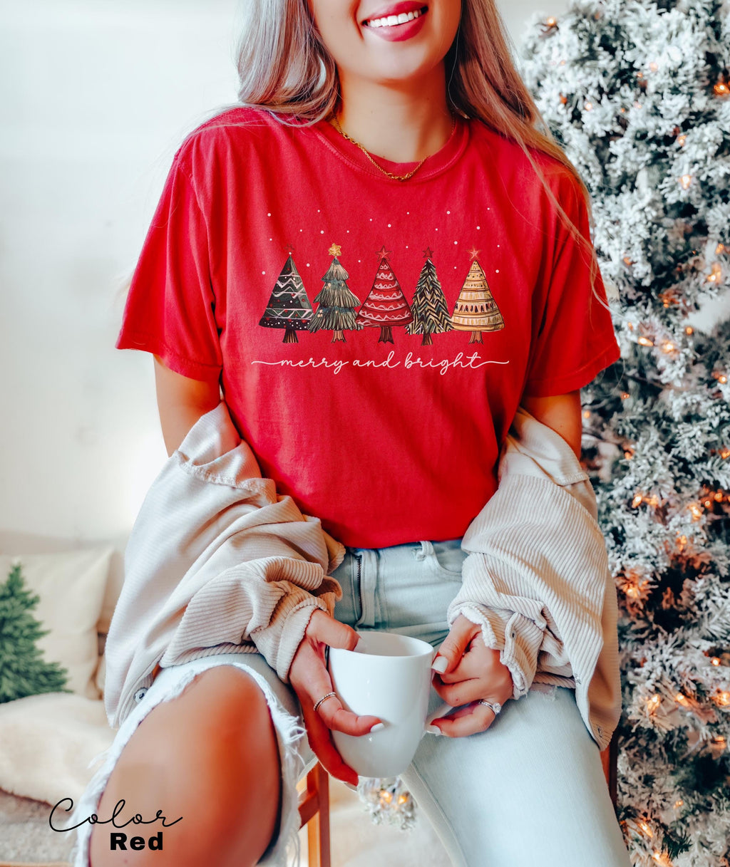 Merry and Bright Trees, Women's Christmas Shirt, Womans Holiday Shirt,Christmas Gift,Chic Winter Shirt,Cute Holiday Tee,Christmas Tree Shirt