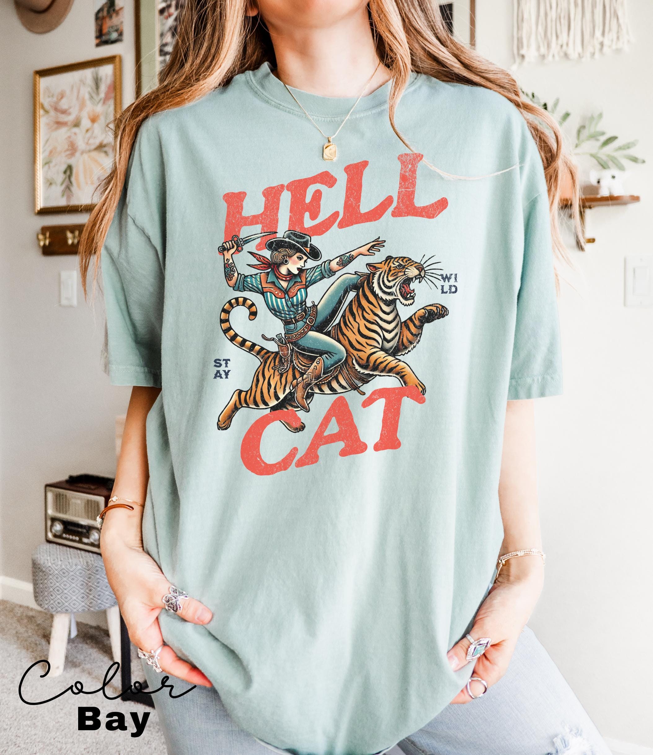 Retro Cowgirl Hell Cat T-Shirt, Retro Cowgirl Western Shirt, Aesthetic Tee, Tiger Shirt, Retro Rodeo Shirt, Country Western, Gift for Her,