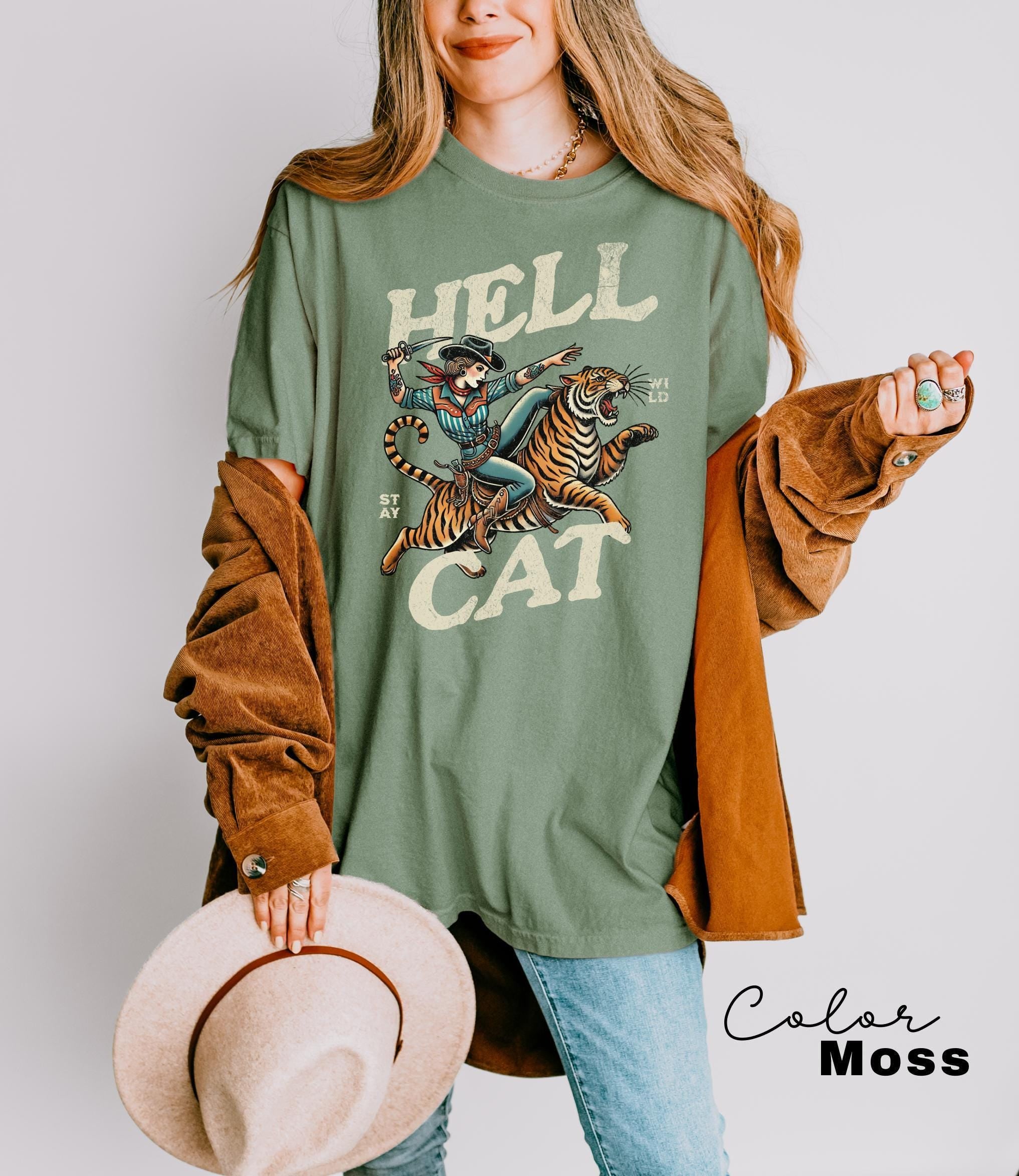 Retro Cowgirl Hell Cat T-Shirt, Retro Cowgirl Western Shirt, Aesthetic Tee, Tiger Shirt, Retro Rodeo Shirt, Country Western, Gift for Her,