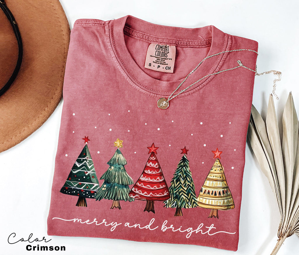Merry and Bright Trees, Women's Christmas Shirt, Womans Holiday Shirt,Christmas Gift,Chic Winter Shirt,Cute Holiday Tee,Christmas Tree Shirt