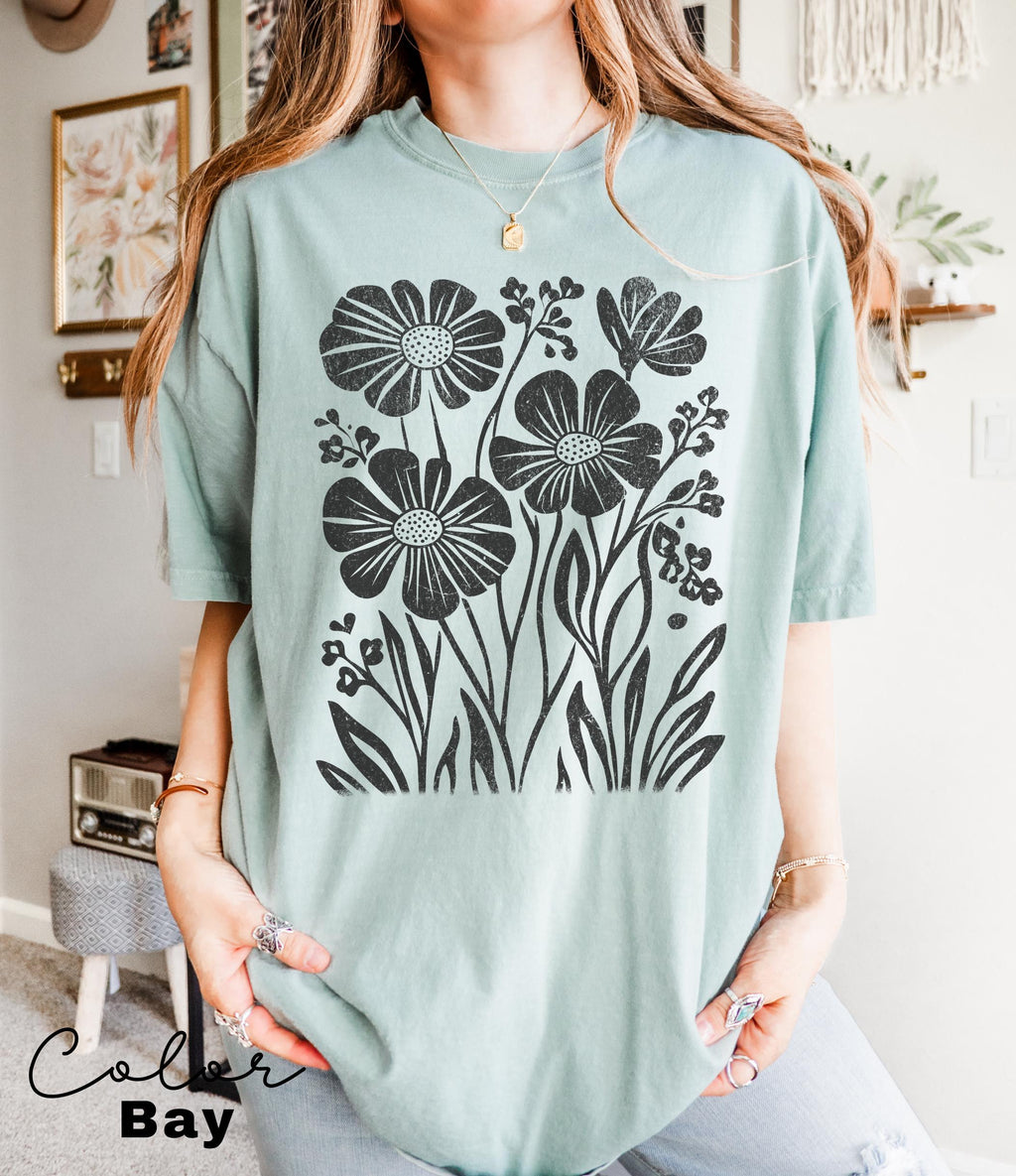 Boho Wildflowers, Flowers Shirt, Womens Graphic Tee, Floral Shirt, Nature Lover Gift, Botanical Shirt, Garment Dyed, Cottagecore Shirt