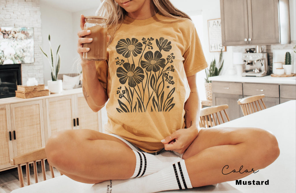 Boho Wildflowers, Flowers Shirt, Womens Graphic Tee, Floral Shirt, Nature Lover Gift, Botanical Shirt, Garment Dyed, Cottagecore Shirt