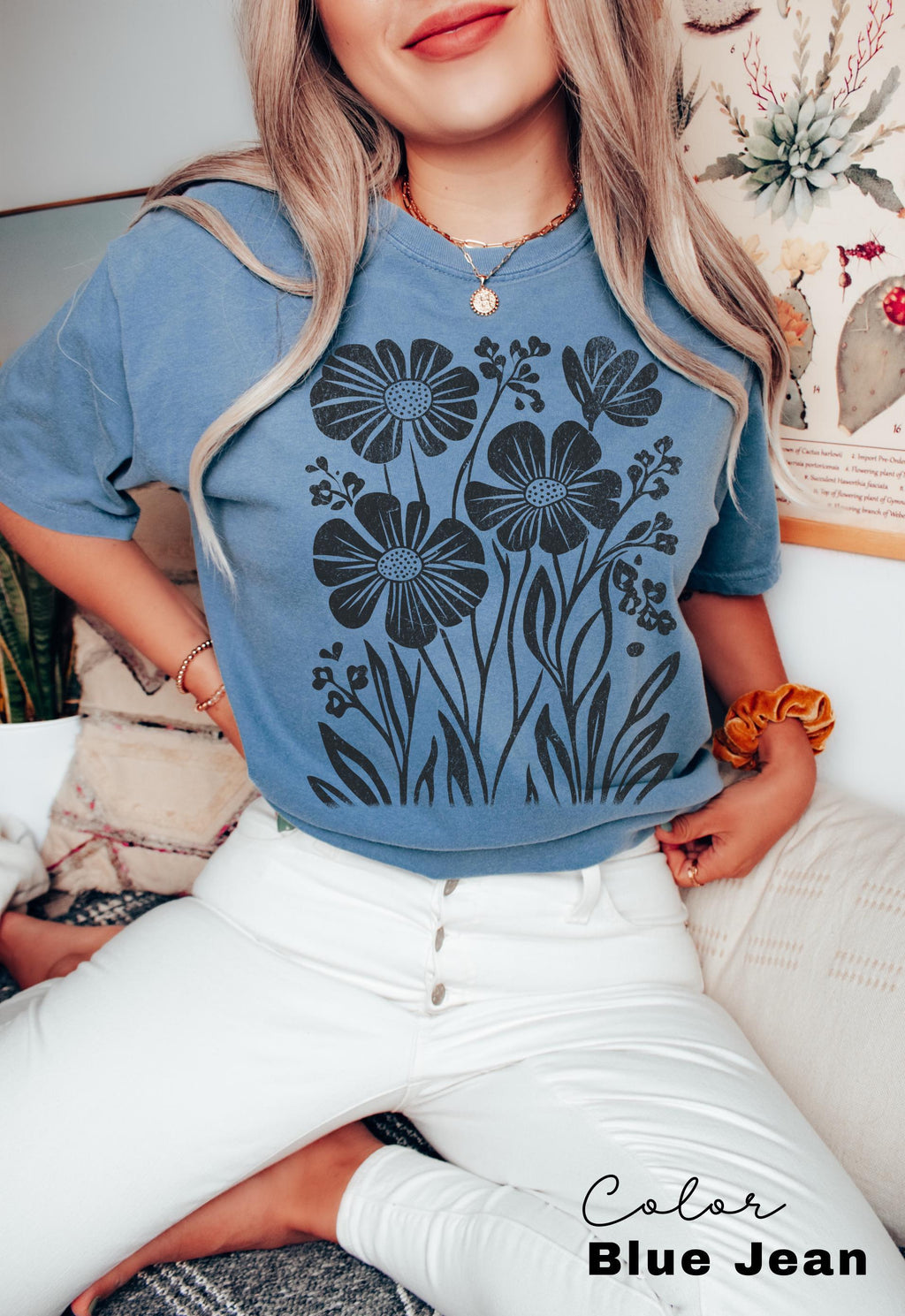 Boho Wildflowers, Flowers Shirt, Womens Graphic Tee, Floral Shirt, Nature Lover Gift, Botanical Shirt, Garment Dyed, Cottagecore Shirt