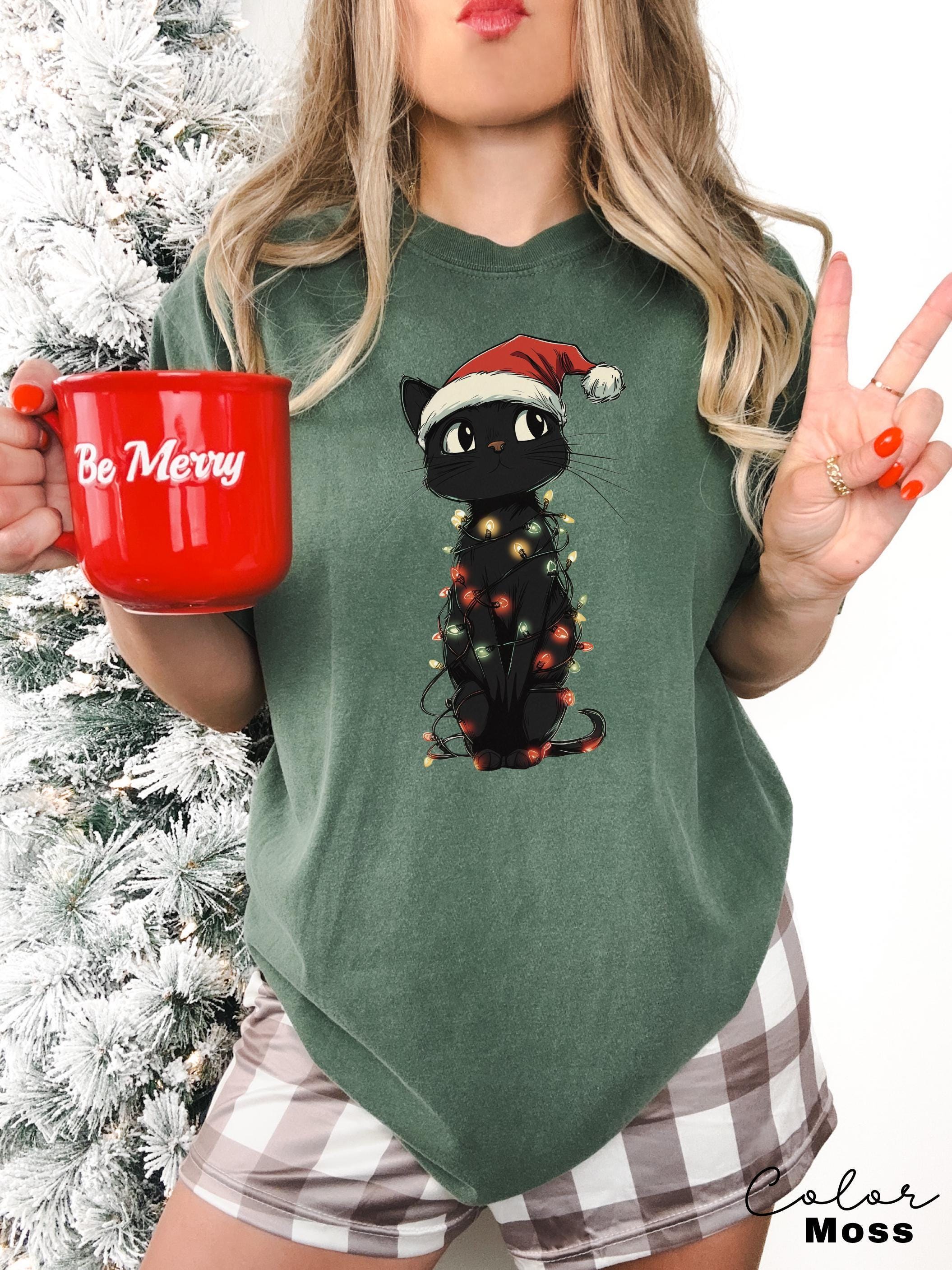 Black Cat Light Christmas Shirt,Cat Christmas T-Shirt, Christmas Cat , Cat Owner Gift, Cat Lover, Cat Mom Christmas Kitten, Cat Lights