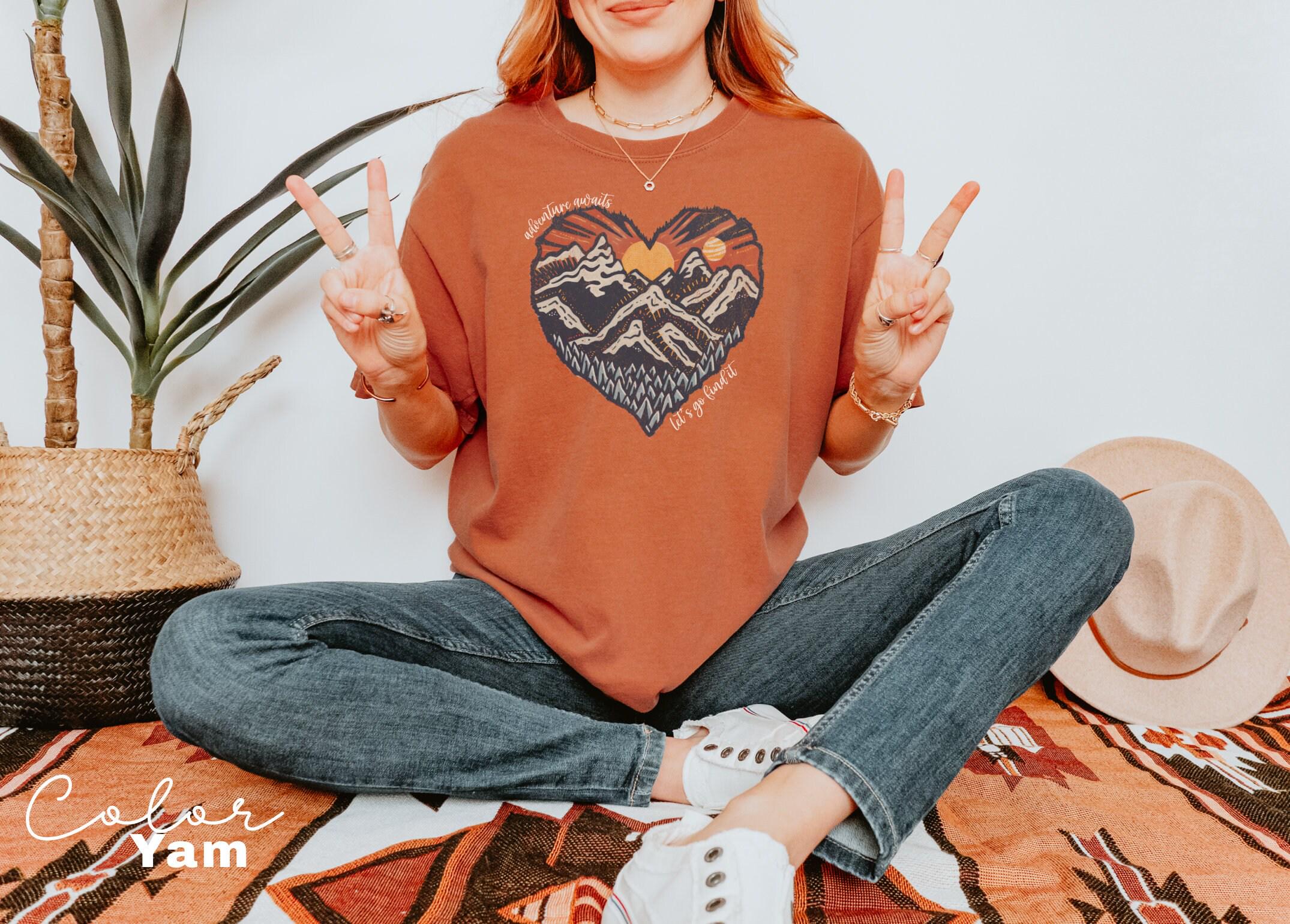 Hiking Shirt, Comfort Colors Camping Shirt, Adventure Awaits, Camper Shirt, Nature Lover Tshirt, Sunset Hiking Shirt, Mountain Heart,