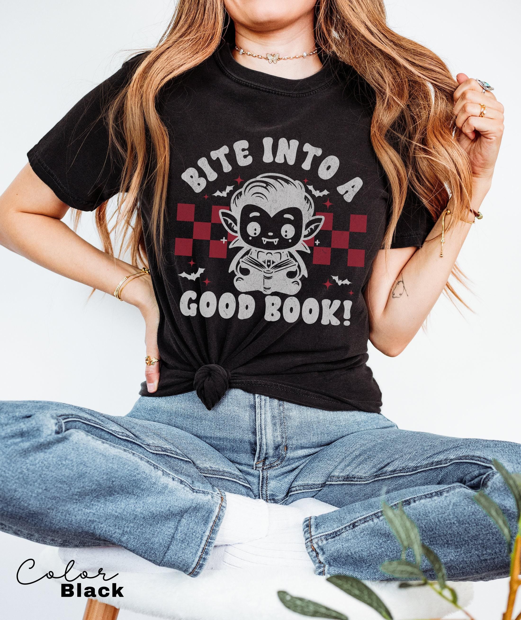 Comfort Colors® Teacher Halloween Shirt, Bite Into a Good Book, Halloween Teacher Shirt, Trick or Teach Shirt, Spooky Teacher T-shirt,