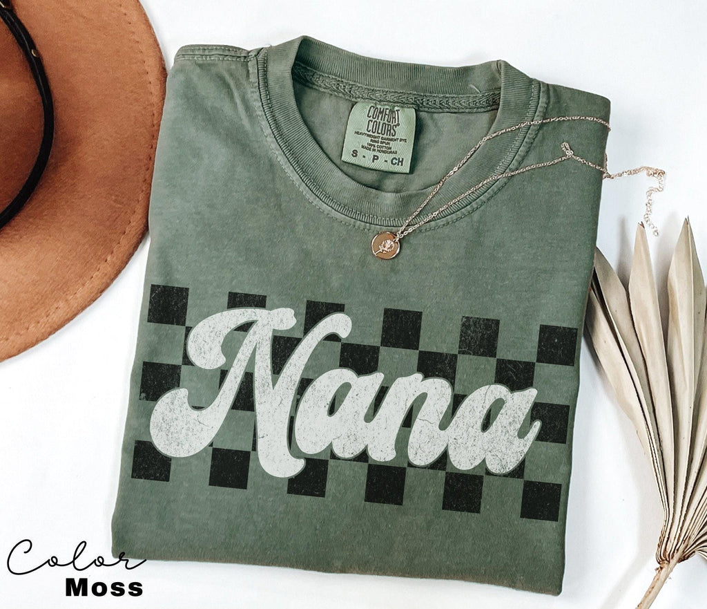 Comfort Colors® NANA Shirt, Birthday Gift for Nana, Checkerboard Shirt, Pregnancy Announcement shirt, Baby Reveal Nana, Vintage Retro Nana