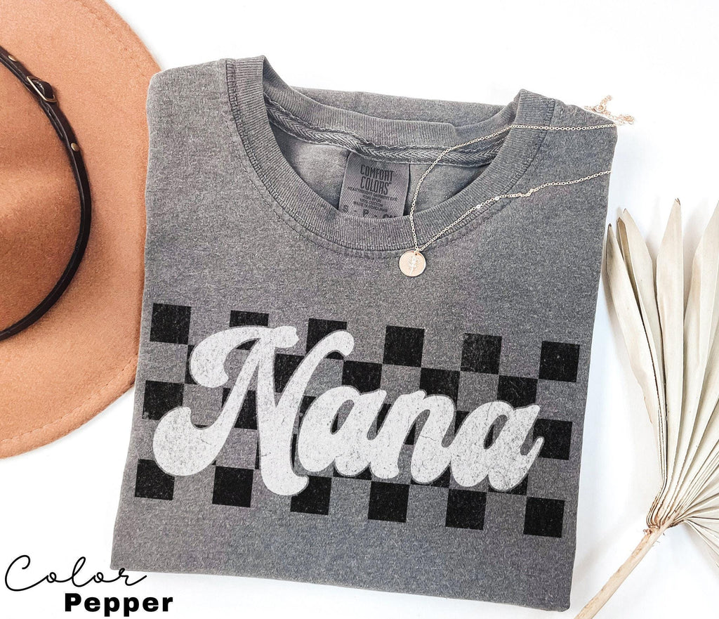 Comfort Colors® NANA Shirt, Birthday Gift for Nana, Checkerboard Shirt, Pregnancy Announcement shirt, Baby Reveal Nana, Vintage Retro Nana