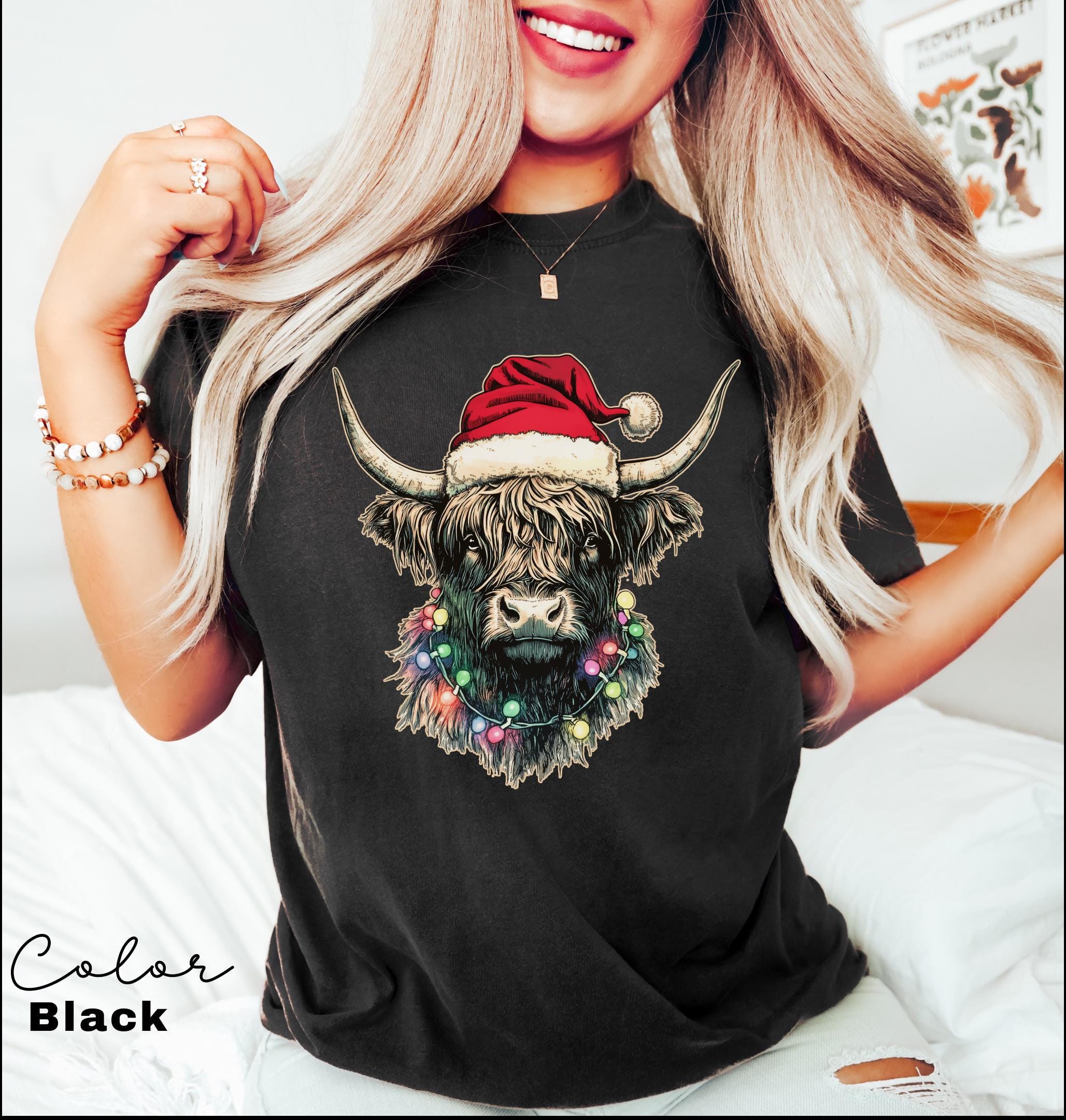 Comfort Colors® Christmas Highland Cow Shirt, Cute Cow Christmas Shirt, Farmer Christmas Shirt, Gift For Christmas, Festive Holiday Shirt