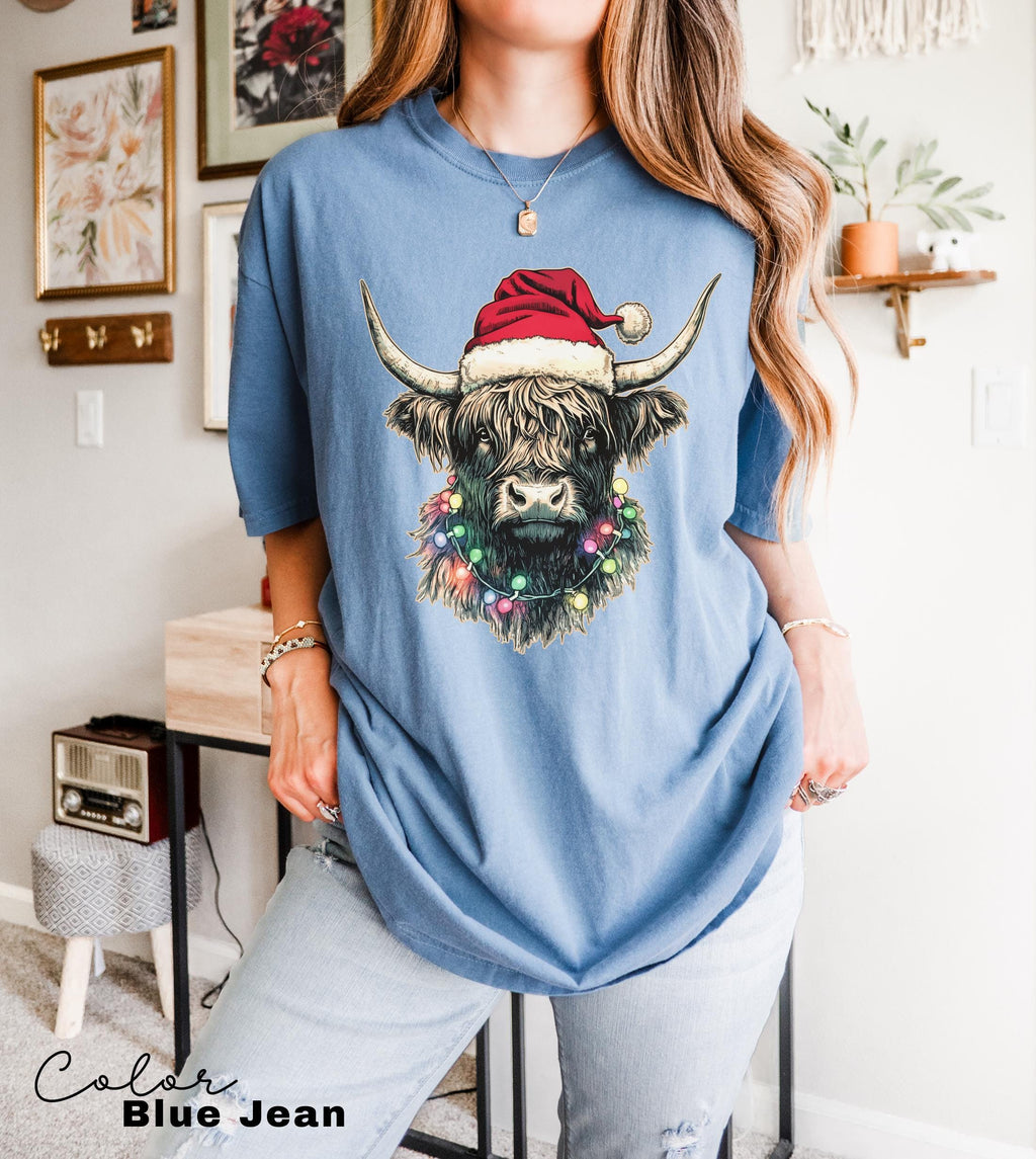 Comfort Colors® Christmas Highland Cow Shirt, Cute Cow Christmas Shirt, Farmer Christmas Shirt, Gift For Christmas, Festive Holiday Shirt