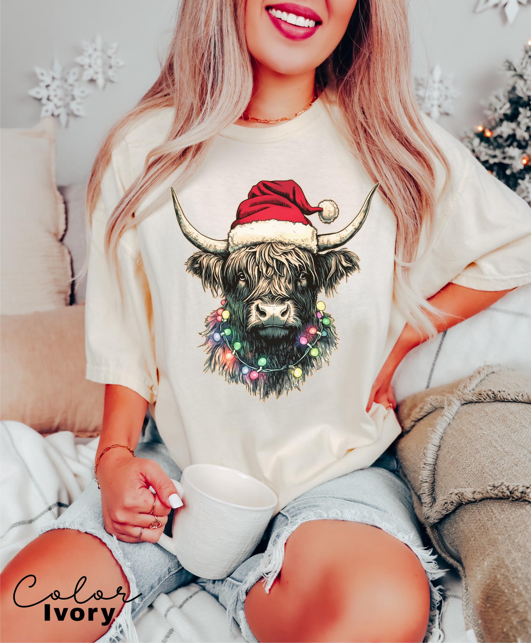 Comfort Colors® Christmas Highland Cow Shirt, Cute Cow Christmas Shirt, Farmer Christmas Shirt, Gift For Christmas, Festive Holiday Shirt