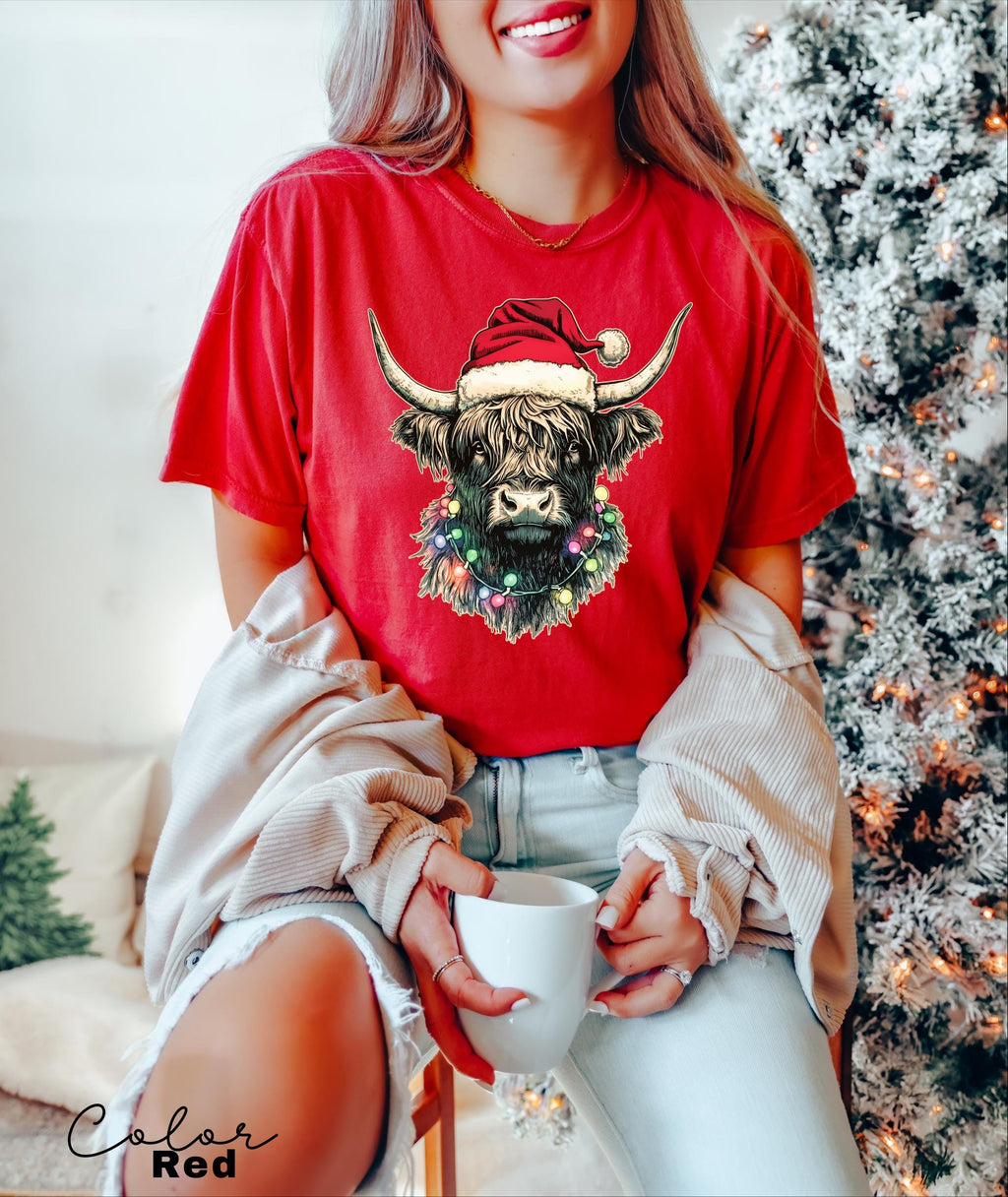 Comfort Colors® Christmas Highland Cow Shirt, Cute Cow Christmas Shirt, Farmer Christmas Shirt, Gift For Christmas, Festive Holiday Shirt