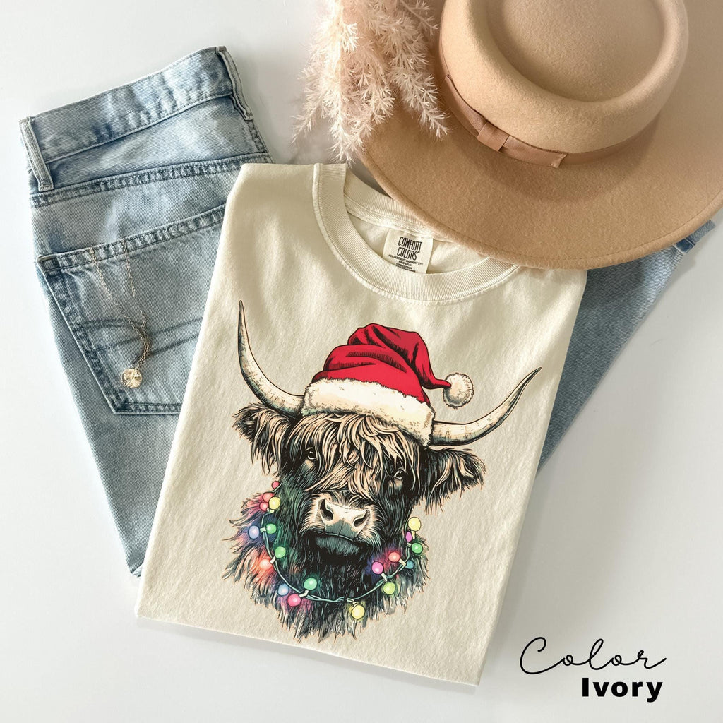 Comfort Colors® Christmas Highland Cow Shirt, Cute Cow Christmas Shirt, Farmer Christmas Shirt, Gift For Christmas, Festive Holiday Shirt