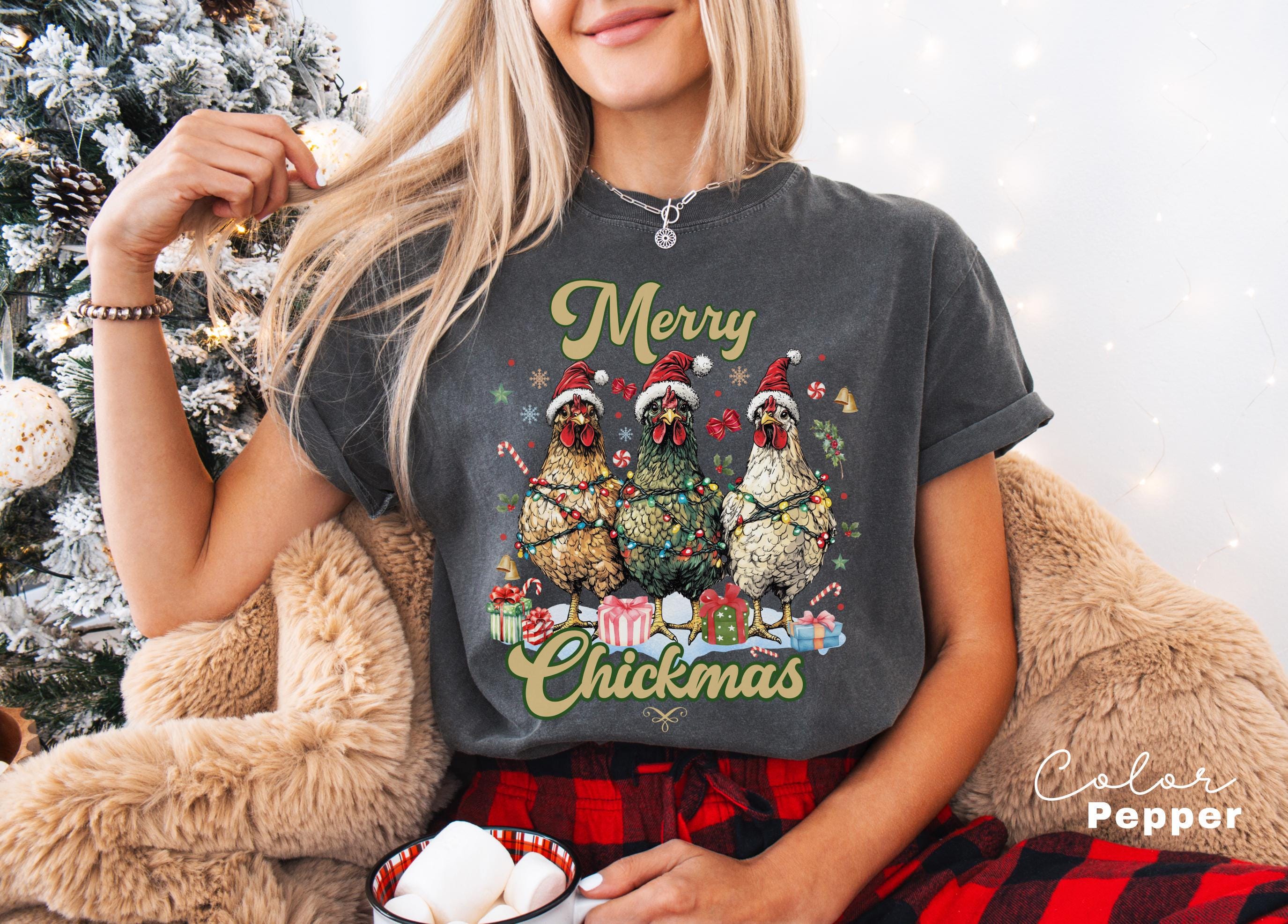 Christmas Chicken Shirt, Merry Chickmas Shirt, Chicken Lover Shirt, Christmas Farm T-Shirt, Womens Christmas Chicken, Country Christmas