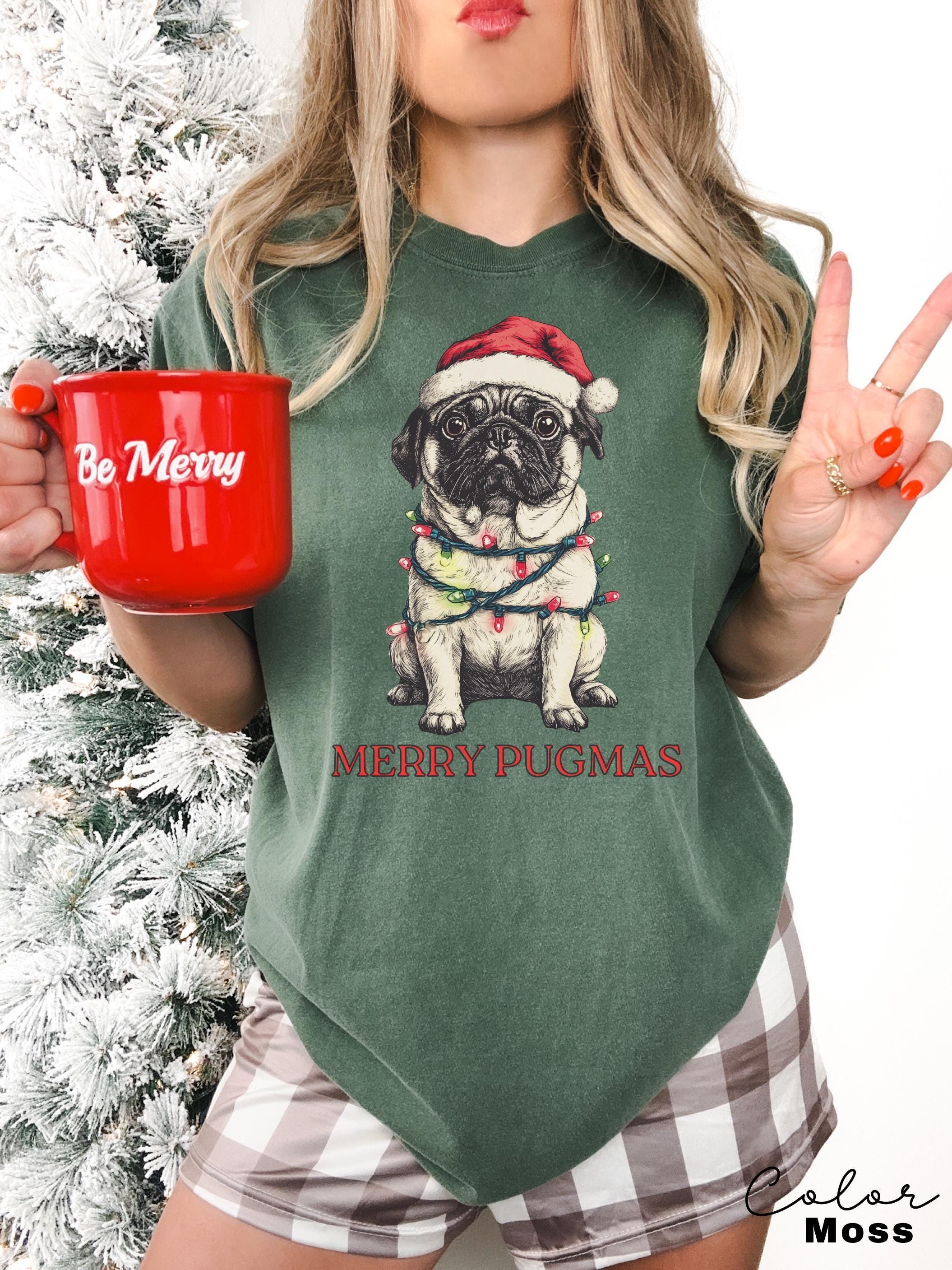 Merry Pugmas Shirt, Christmas Pug Shirt, Pug Mom Christmas Shirt, Pug Mama Xmas Gift, Santa Hat Pug T-Shirt, Pug Lover Xmas Shirt