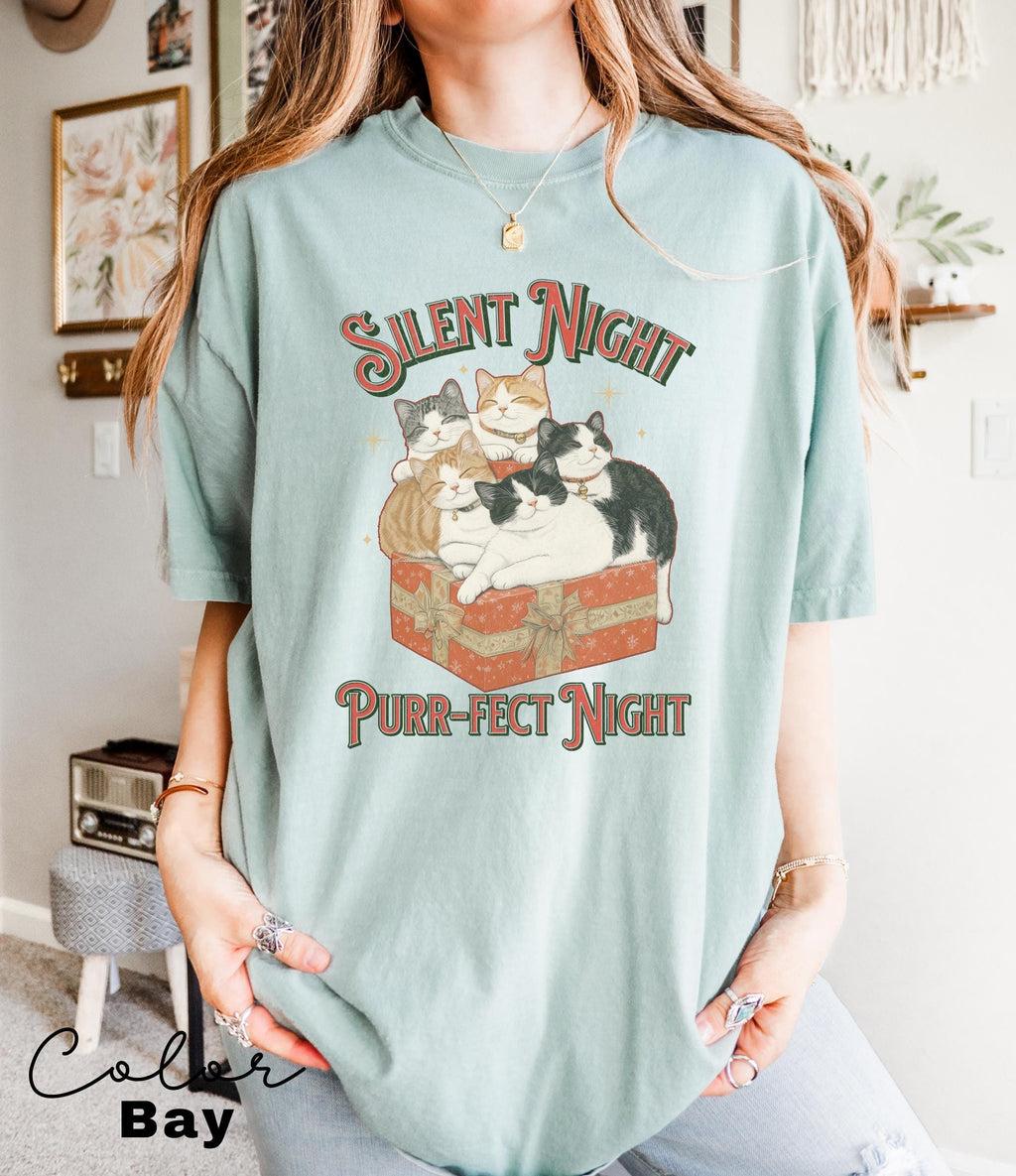 Meowy Christmas Cat Shirt, Silent Night Purrfect Night, Happy Cat Year Shirt,Funny Christmas Cat Shirt, Cat Lover Gift, Cat Xmas