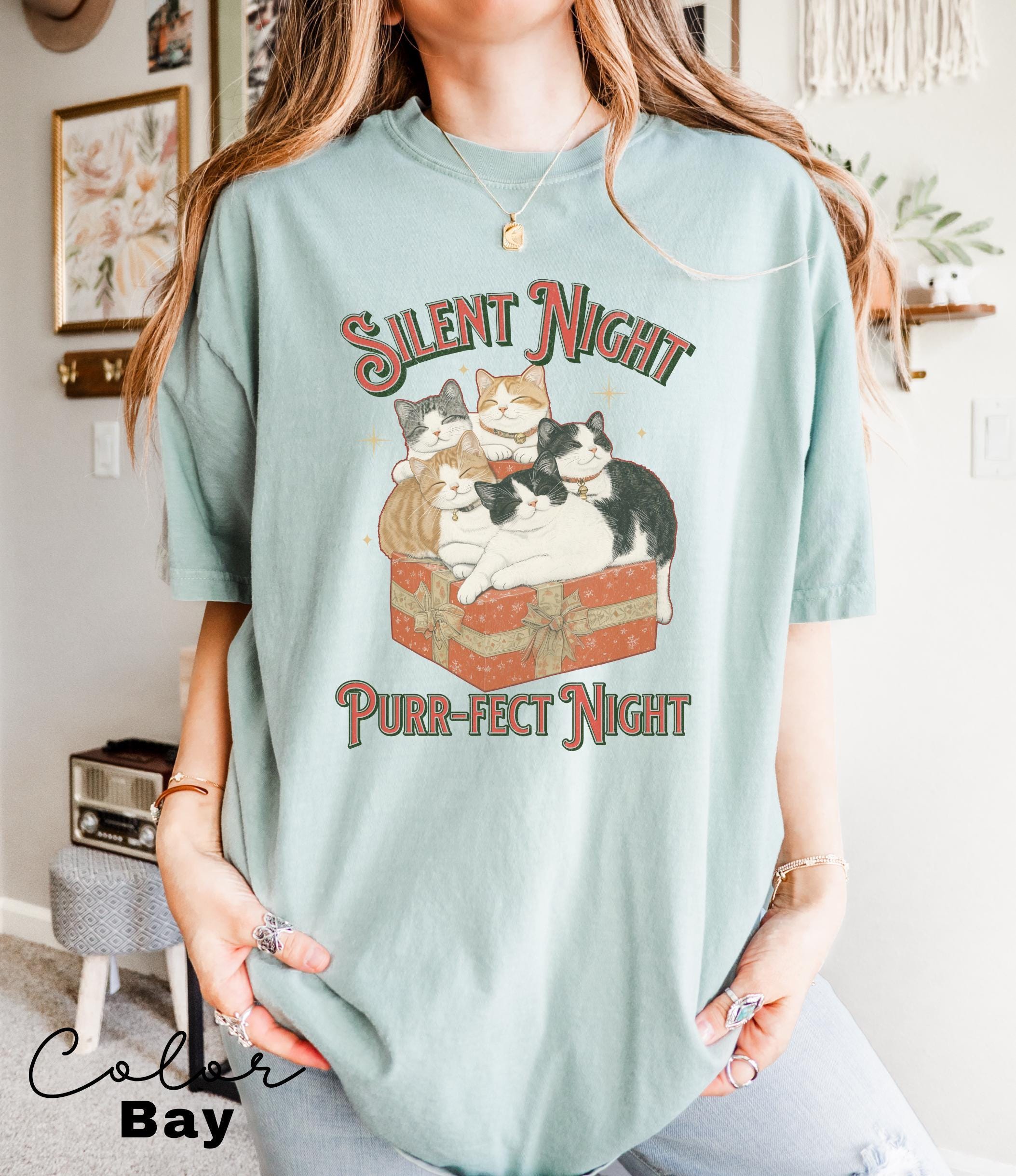 Meowy Christmas Cat Shirt, Silent Night Purrfect Night, Happy Cat Year Shirt,Funny Christmas Cat Shirt, Cat Lover Gift, Cat Xmas