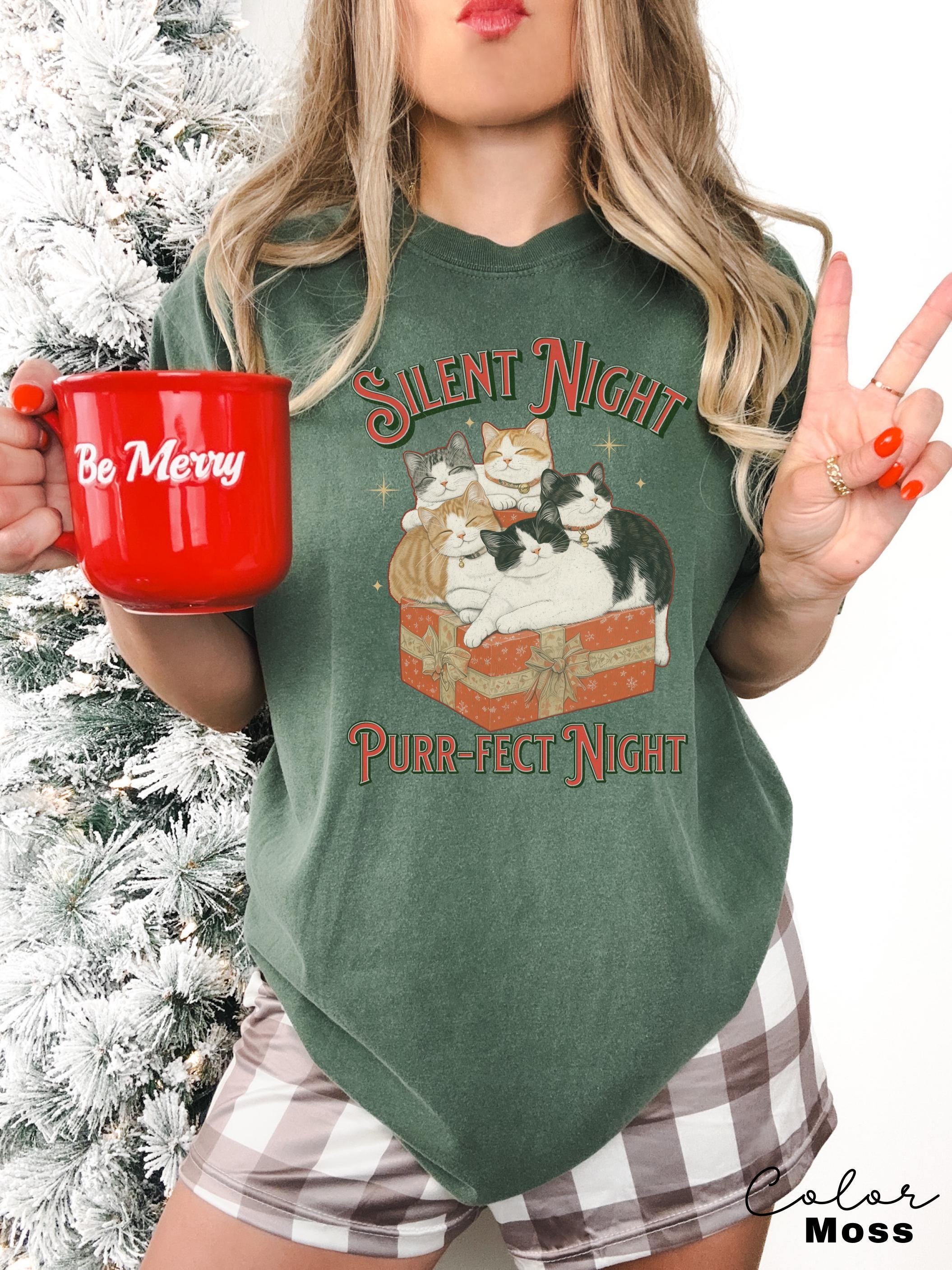 Meowy Christmas Cat Shirt, Silent Night Purrfect Night, Happy Cat Year Shirt,Funny Christmas Cat Shirt, Cat Lover Gift, Cat Xmas